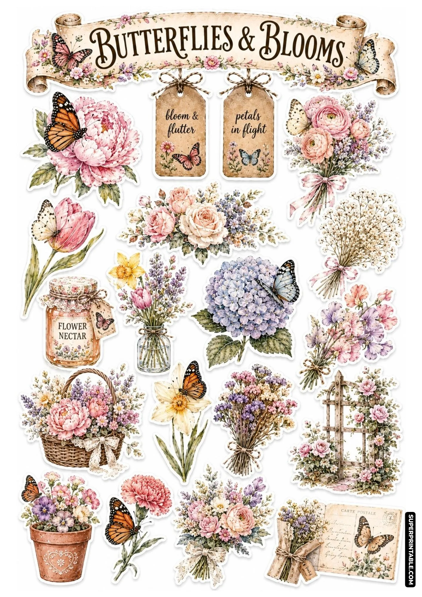 Soft pastel butterflies and blooms sticker sheet featuring pink peonies, hydrangeas, and garden trellises.