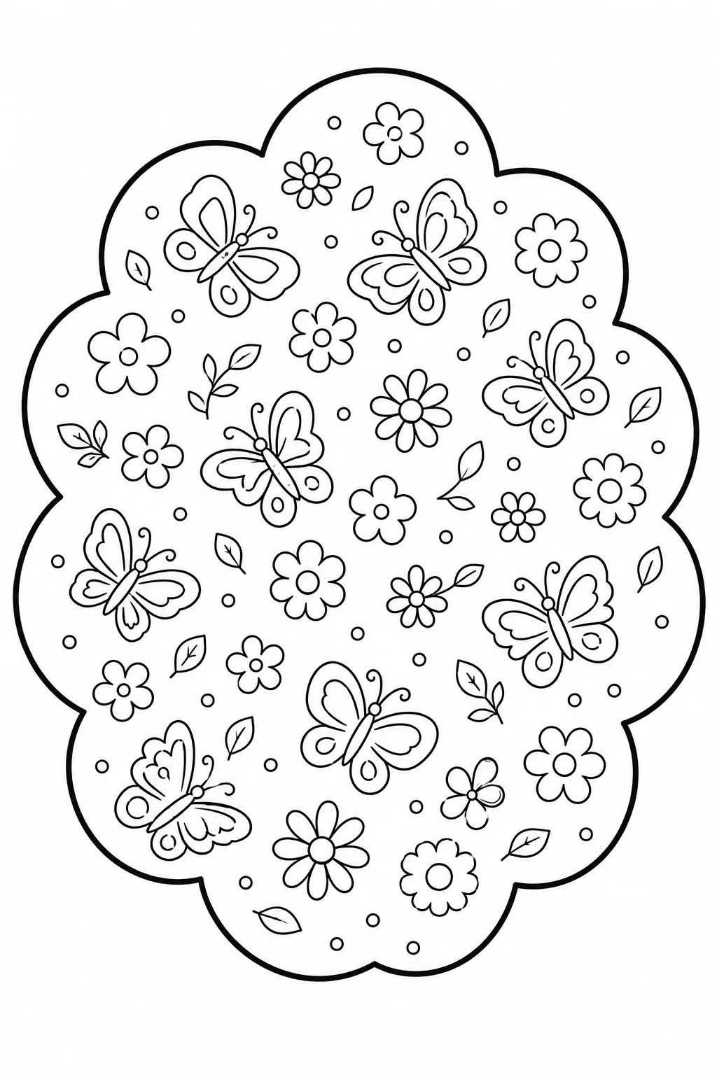 Cloud shape packed with flying butterflies and simple spring flowers.