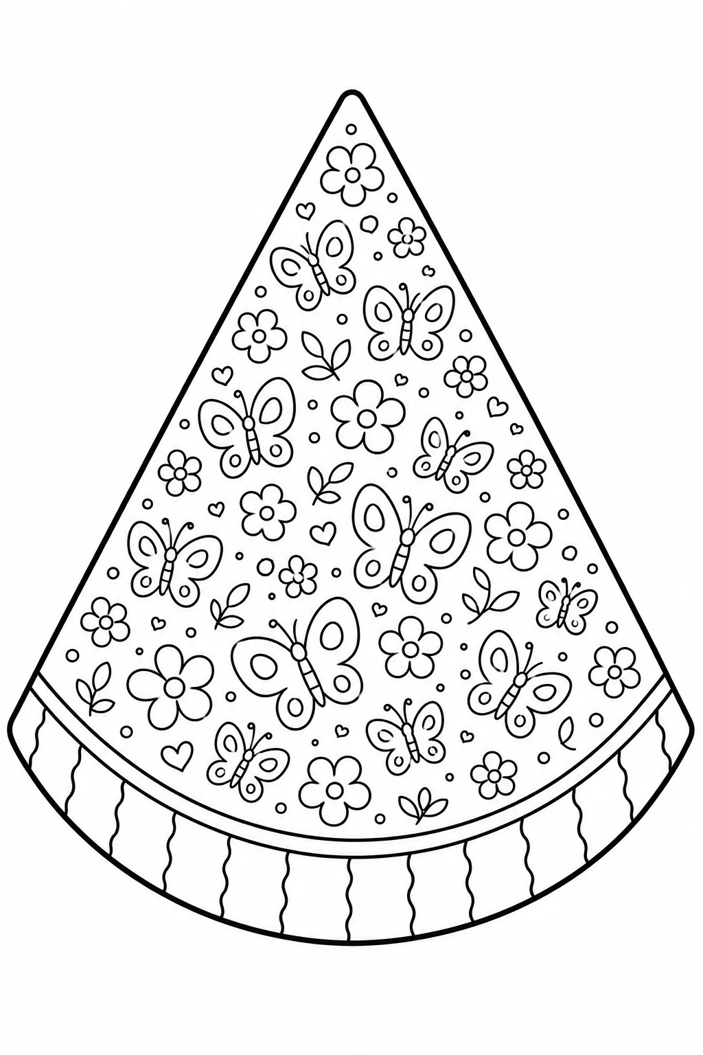 Multiple butterflies fluttering among flowers inside a watermelon slice coloring sheet.
