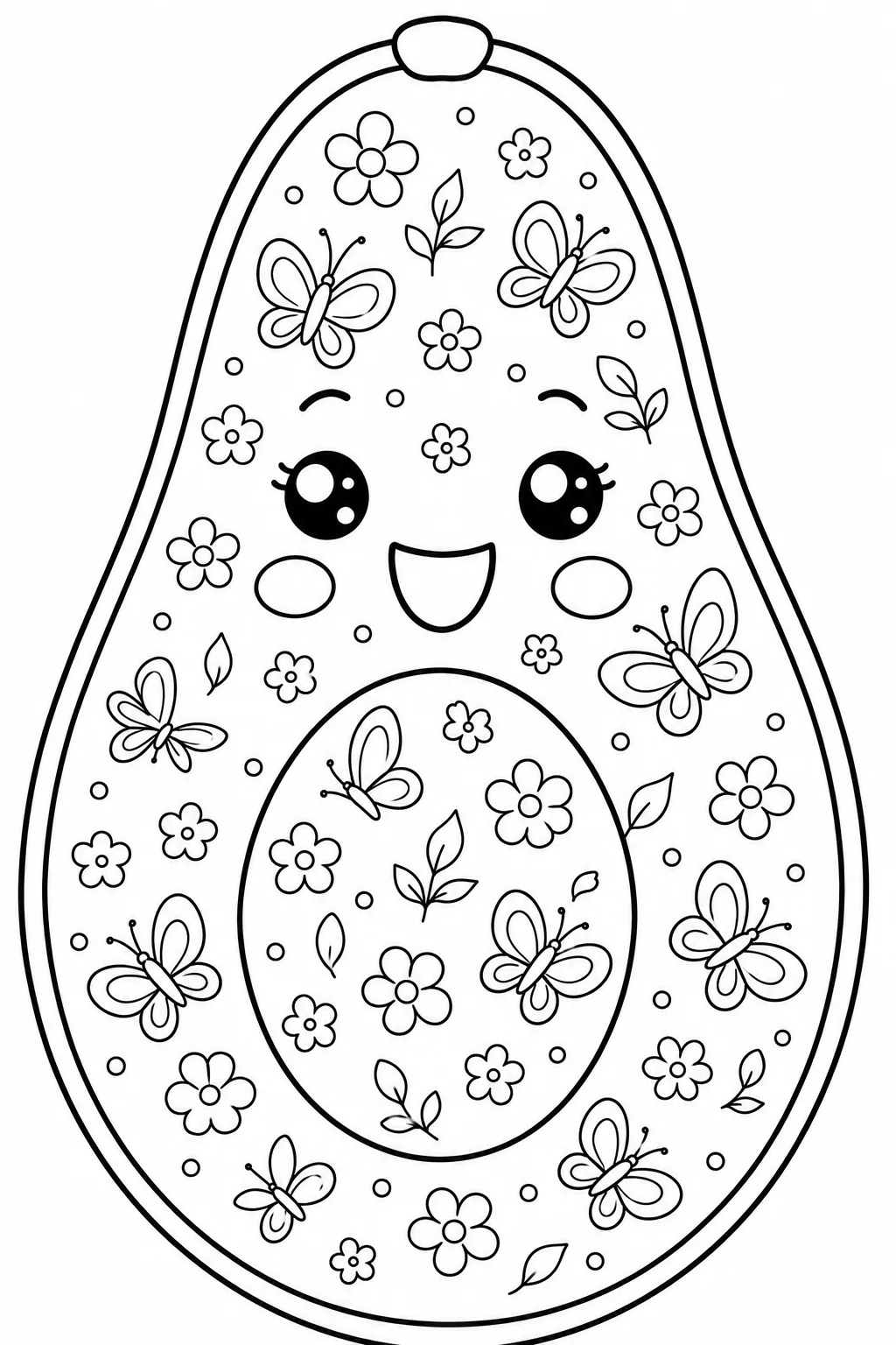Cute avocado decorated with a beautiful butterfly and flower pattern.