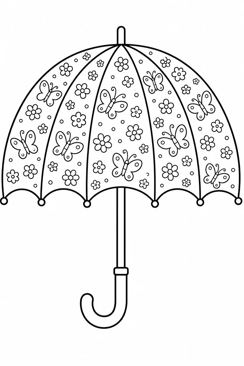 Dense pattern of flying butterflies and simple blooming flowers.