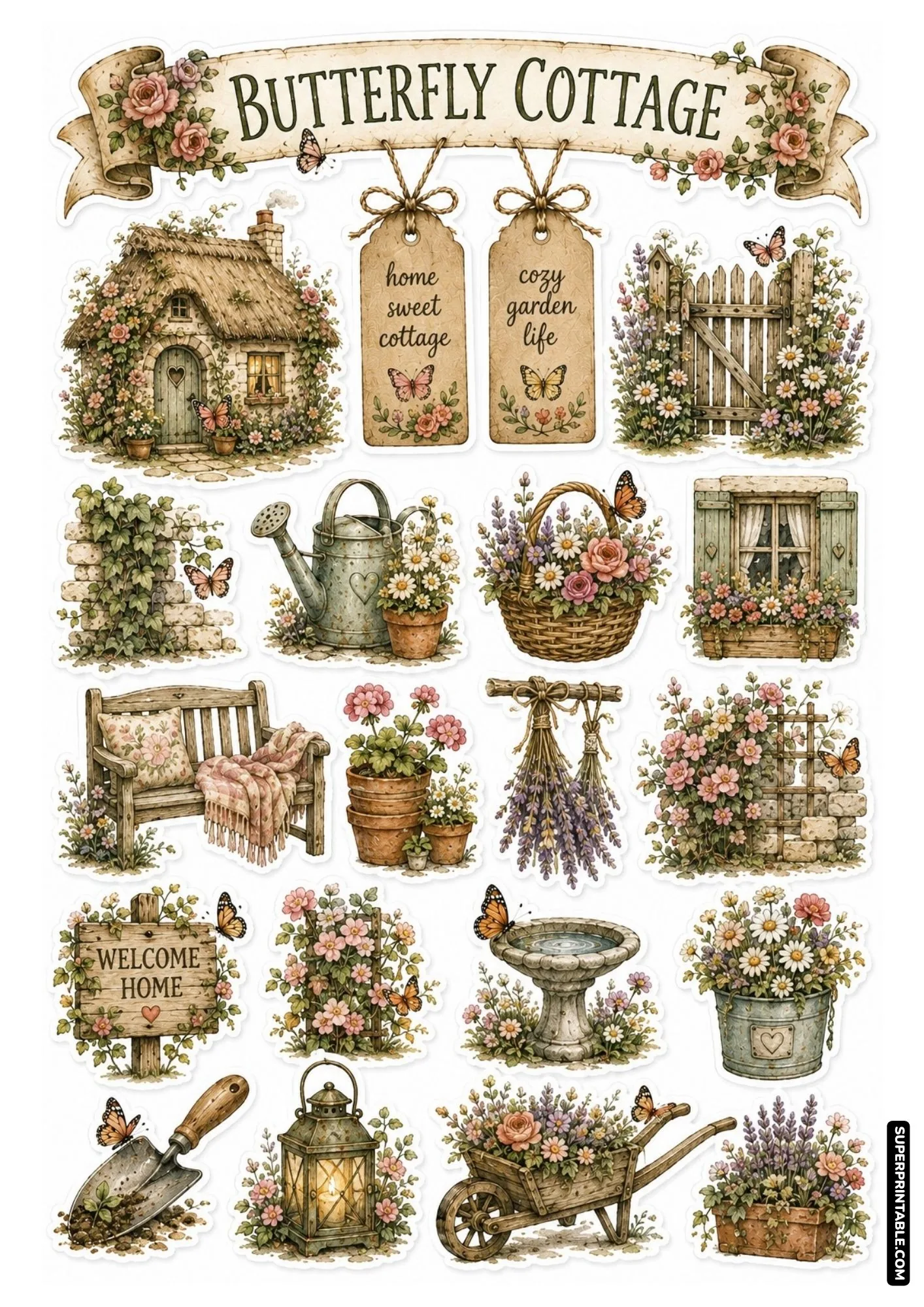 Cottagecore garden sanctuary sticker sheet featuring stone cottage, wheelbarrow planters, birdbaths, and butterflies.
