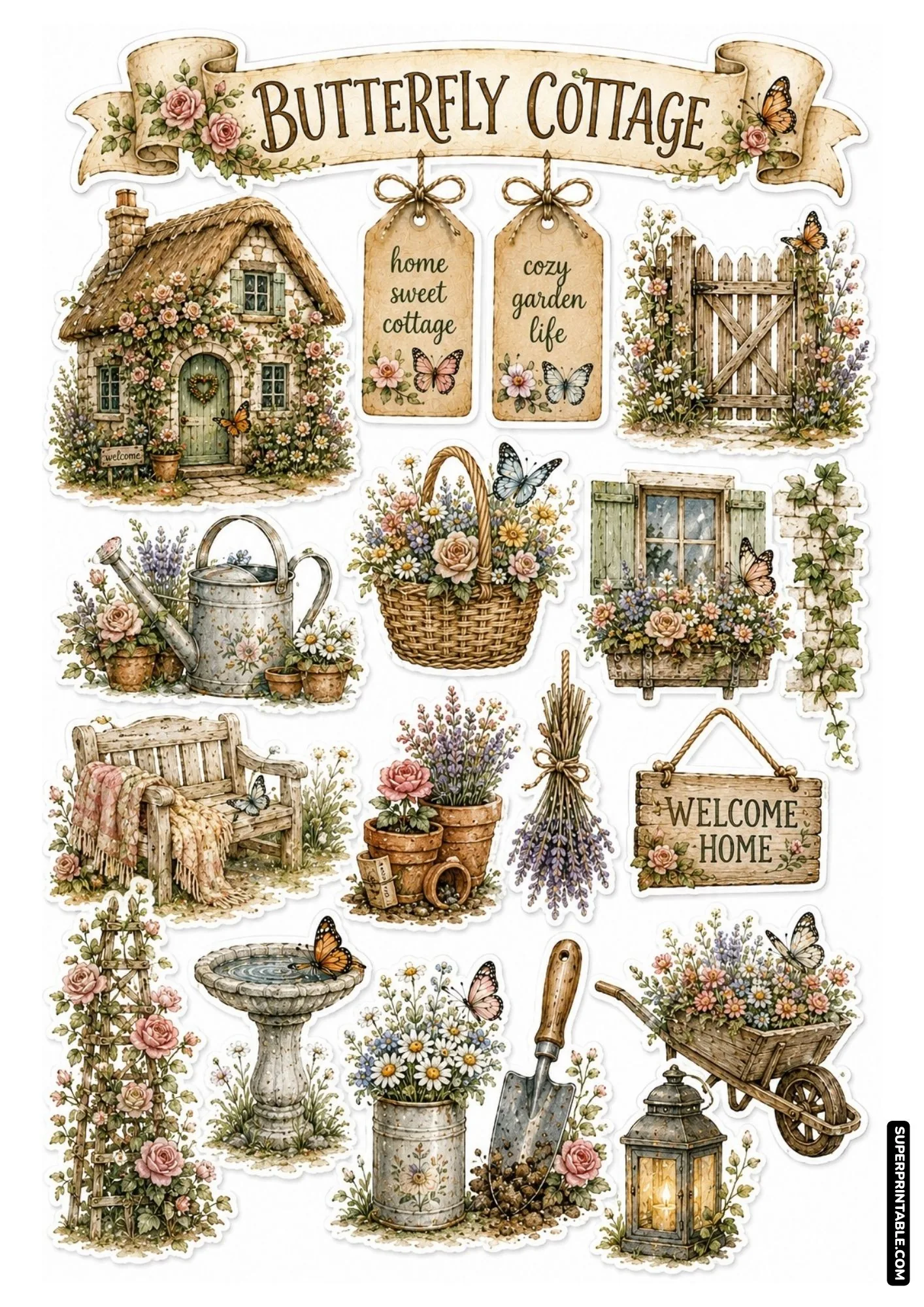 Rustic butterfly cottage sticker sheet featuring a stone thatched house, garden bench, and birdbath.