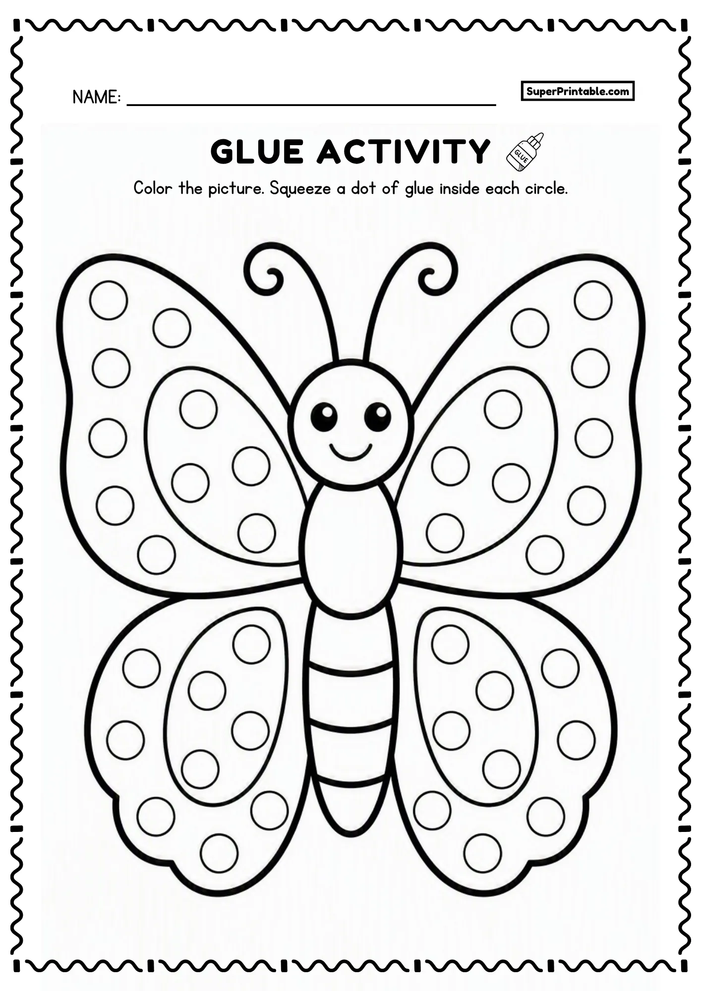 Printable dot glue insects worksheet showing large butterfly with four wings and dot circles for kids