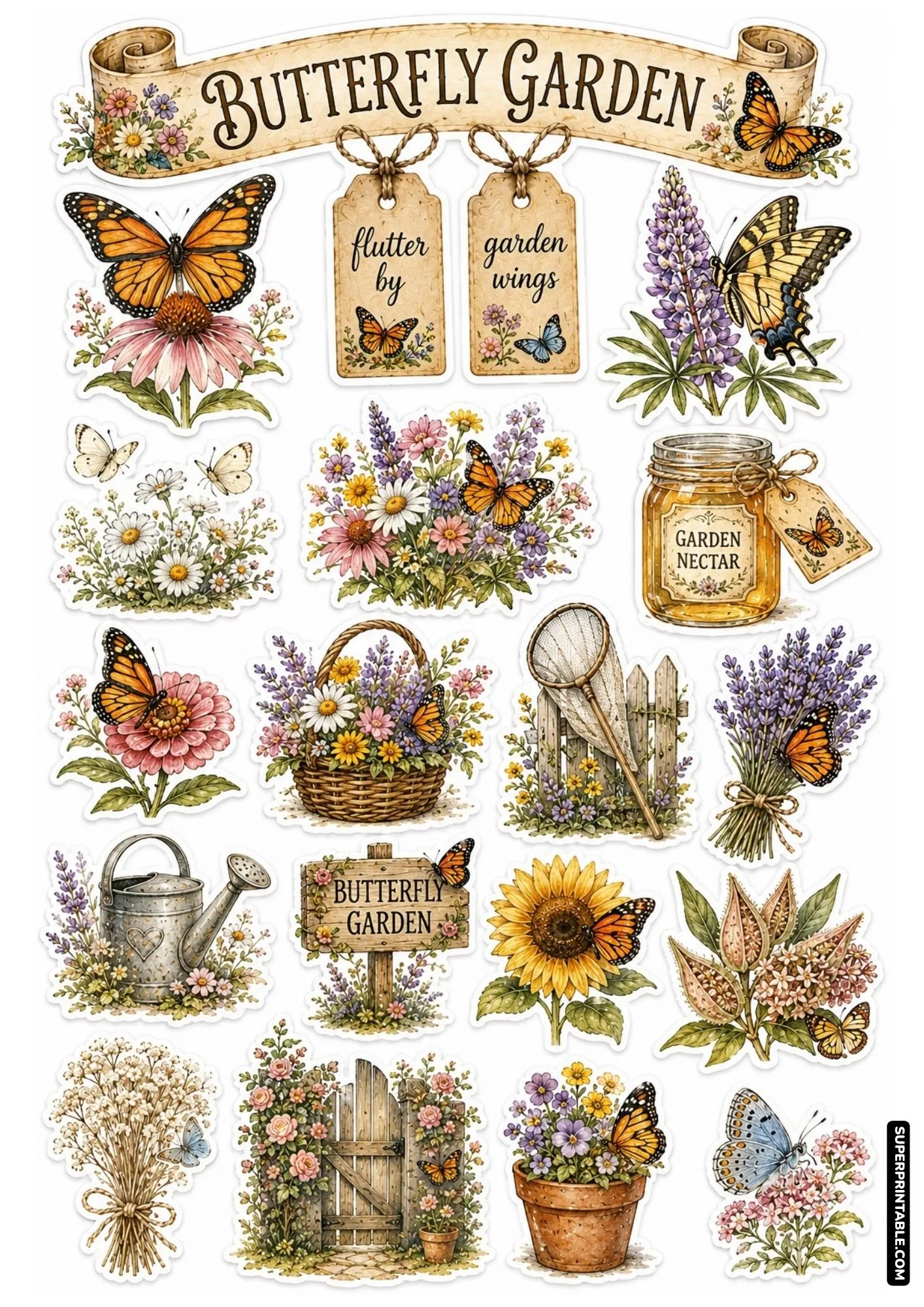 Botanical garden sticker sheet featuring colorful butterflies, monarch wings, flower trellis arch, and garden nectar jars.