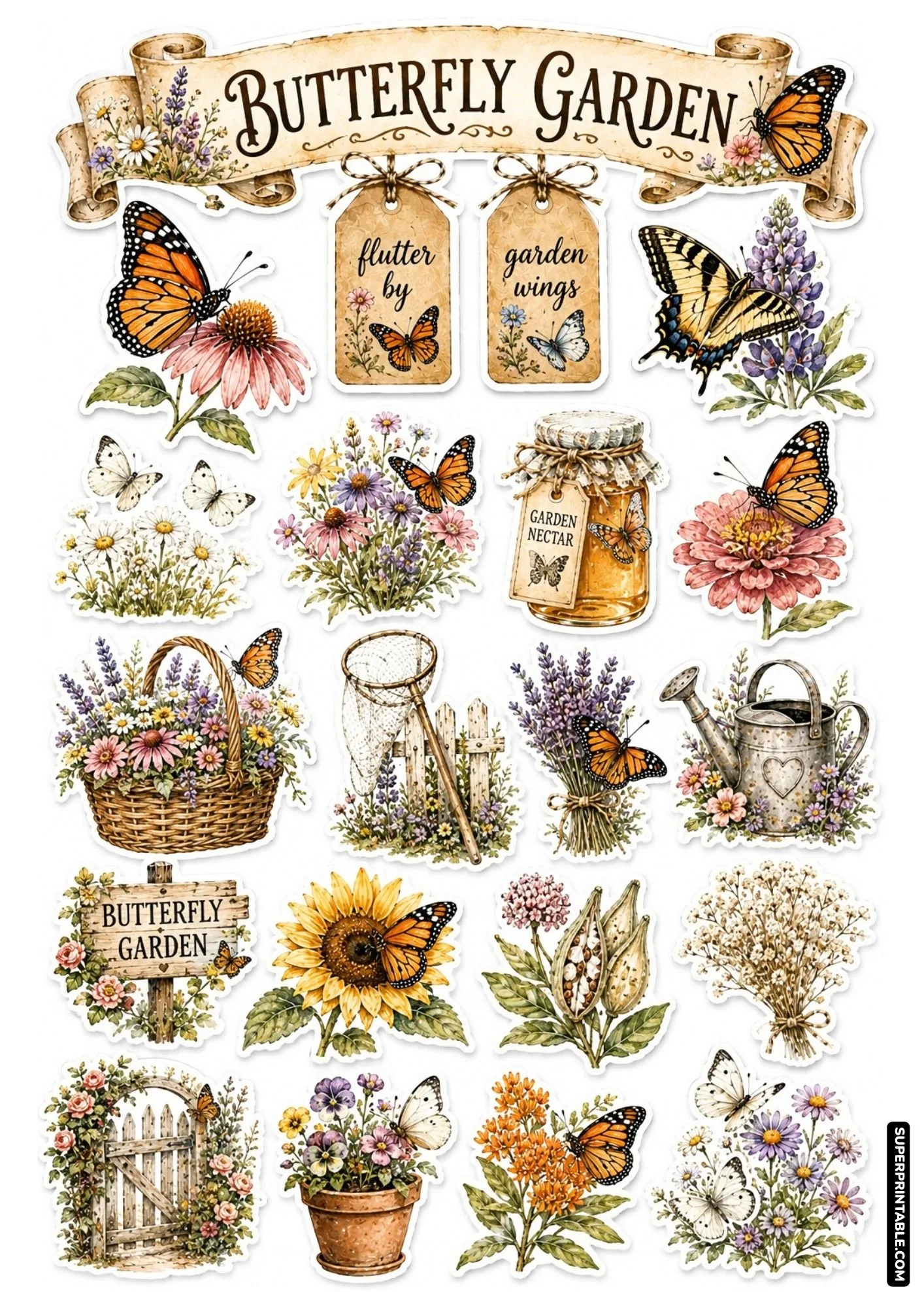 Vintage butterfly garden sticker sheets featuring watercolor monarch butterflies and floral tags.
