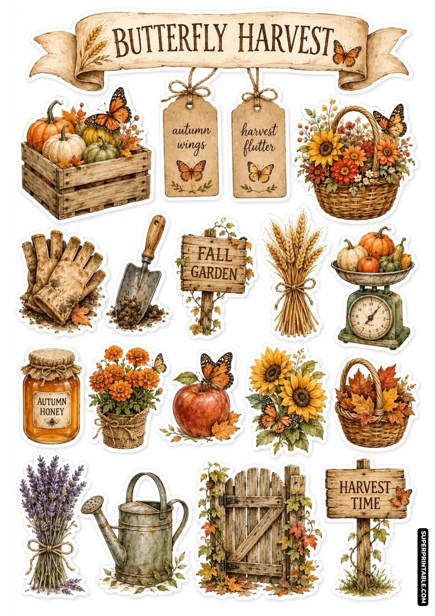 Autumn garden harvest sticker sheet featuring butterflies, pumpkin crates, fall leaves, and autumn honey jars.