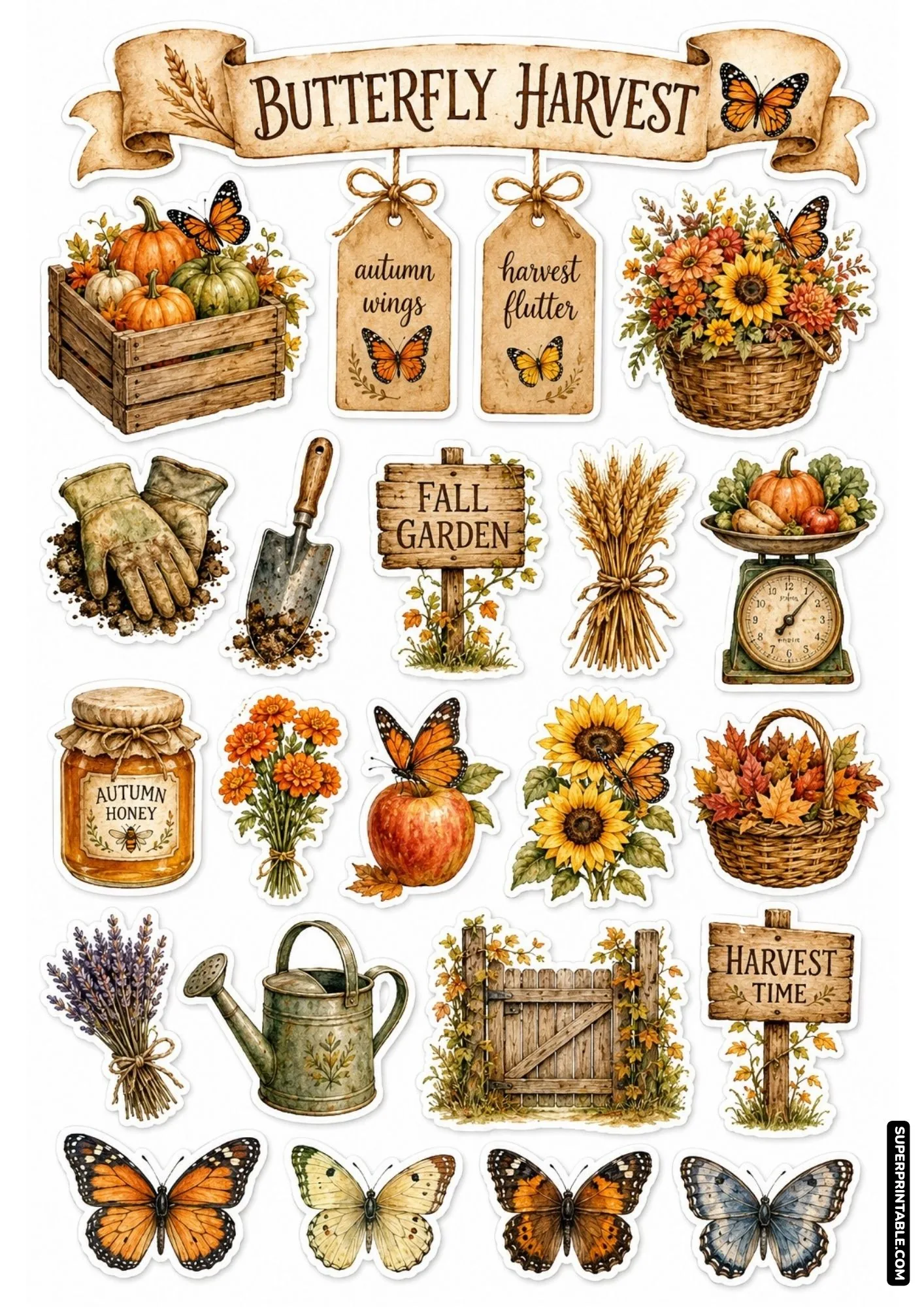 Autumn butterfly harvest sticker sheet with pumpkins, wheat sheaves, and golden fall sunflowers.