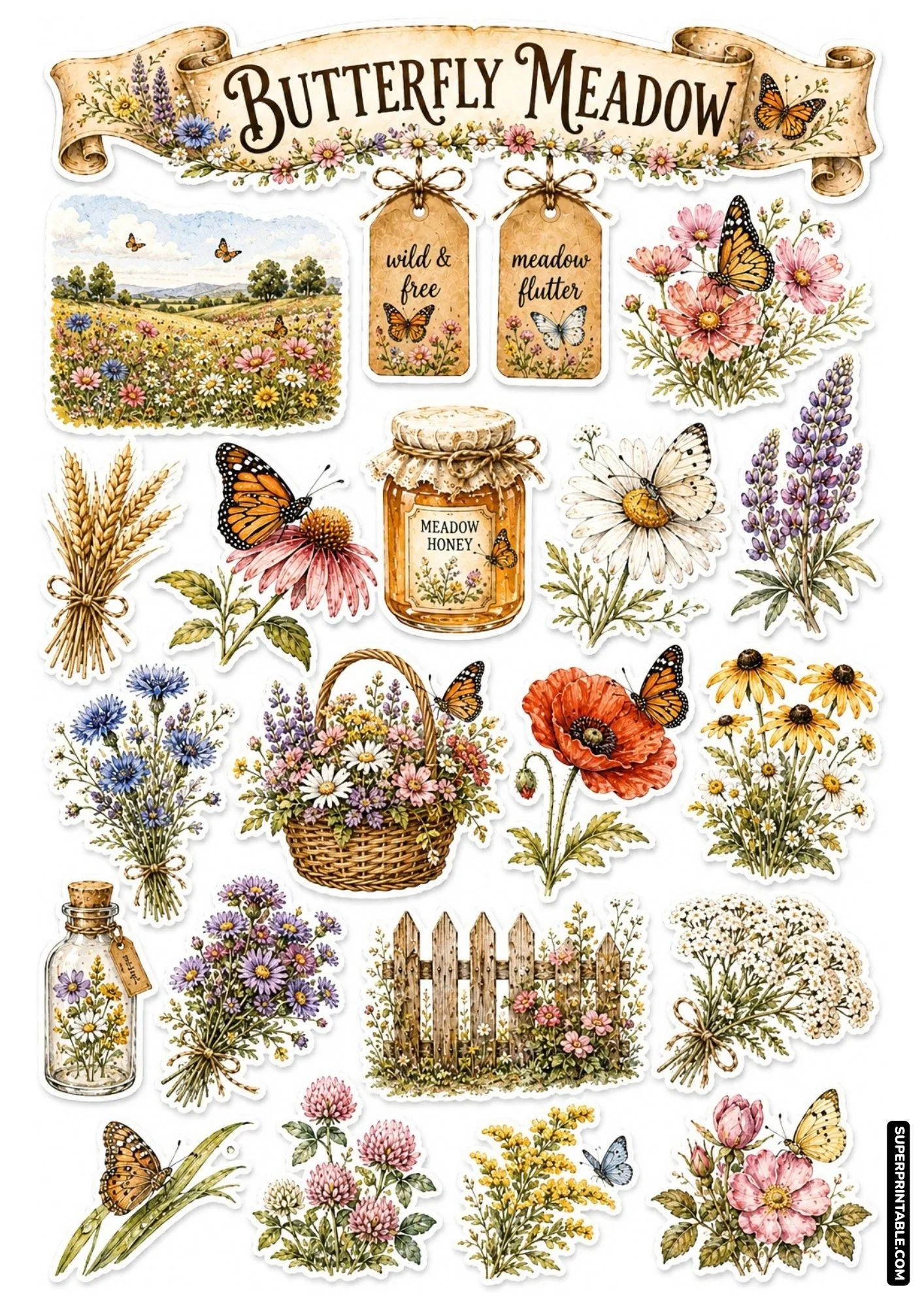 Detailed butterfly meadow sticker sheet with cornflowers, poppies, and rustic countryside scenery.