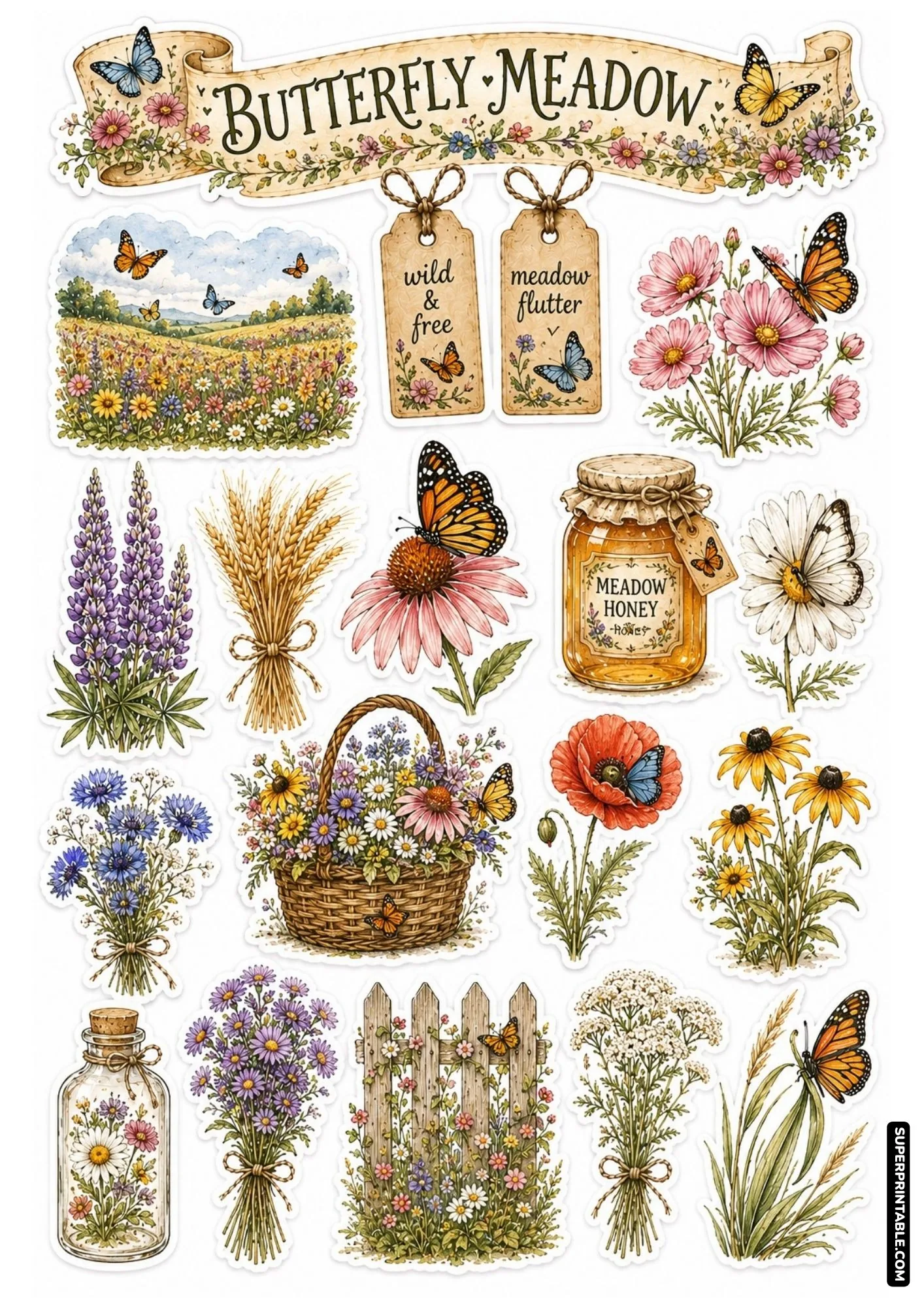 Wildflower meadow sticker sheet featuring colorful butterflies, scenic landscape artwork, and meadow honey jars.
