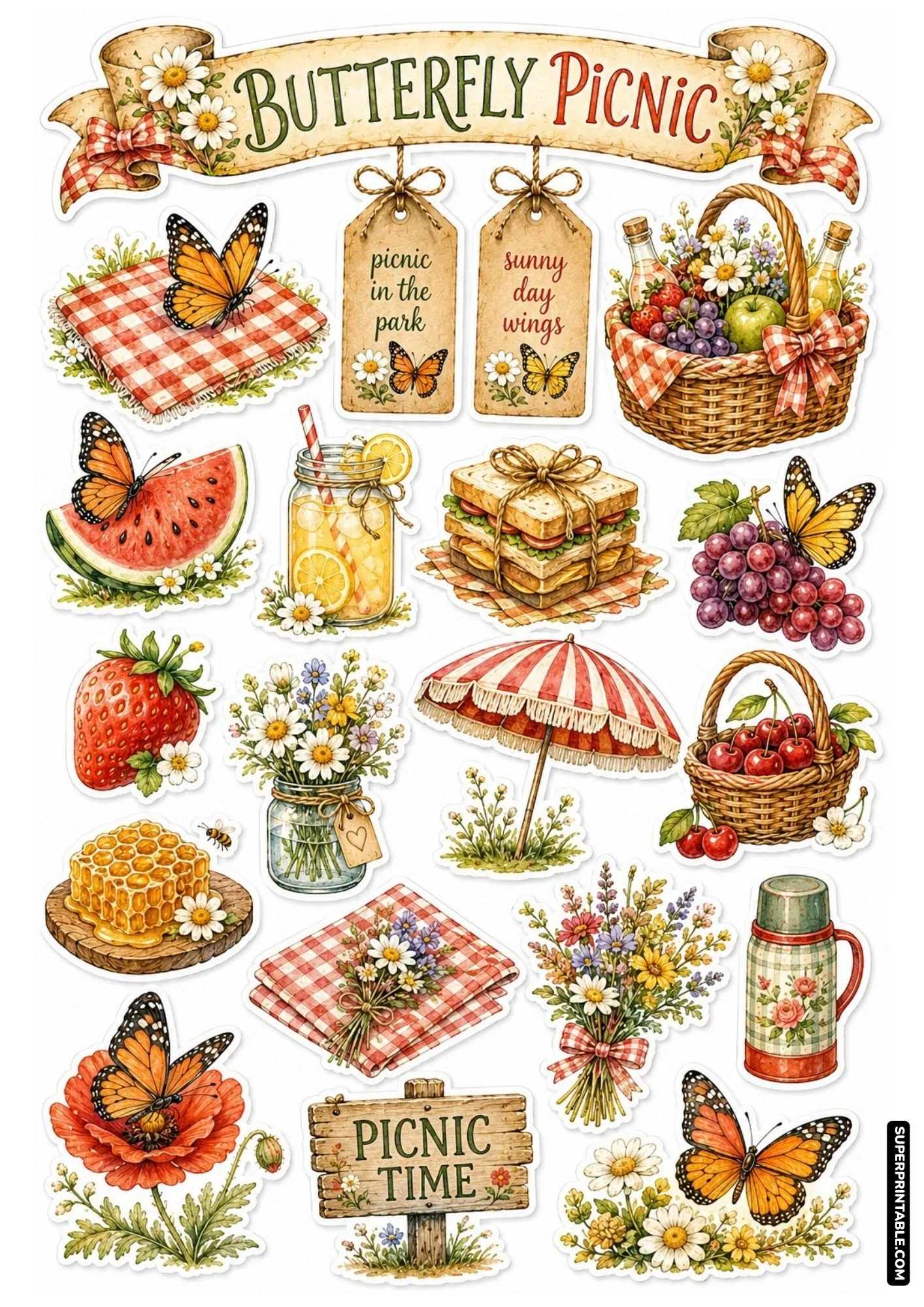 Sunny butterfly picnic sticker sheet with gingham blankets, fresh lemonade, and summer fruit baskets.