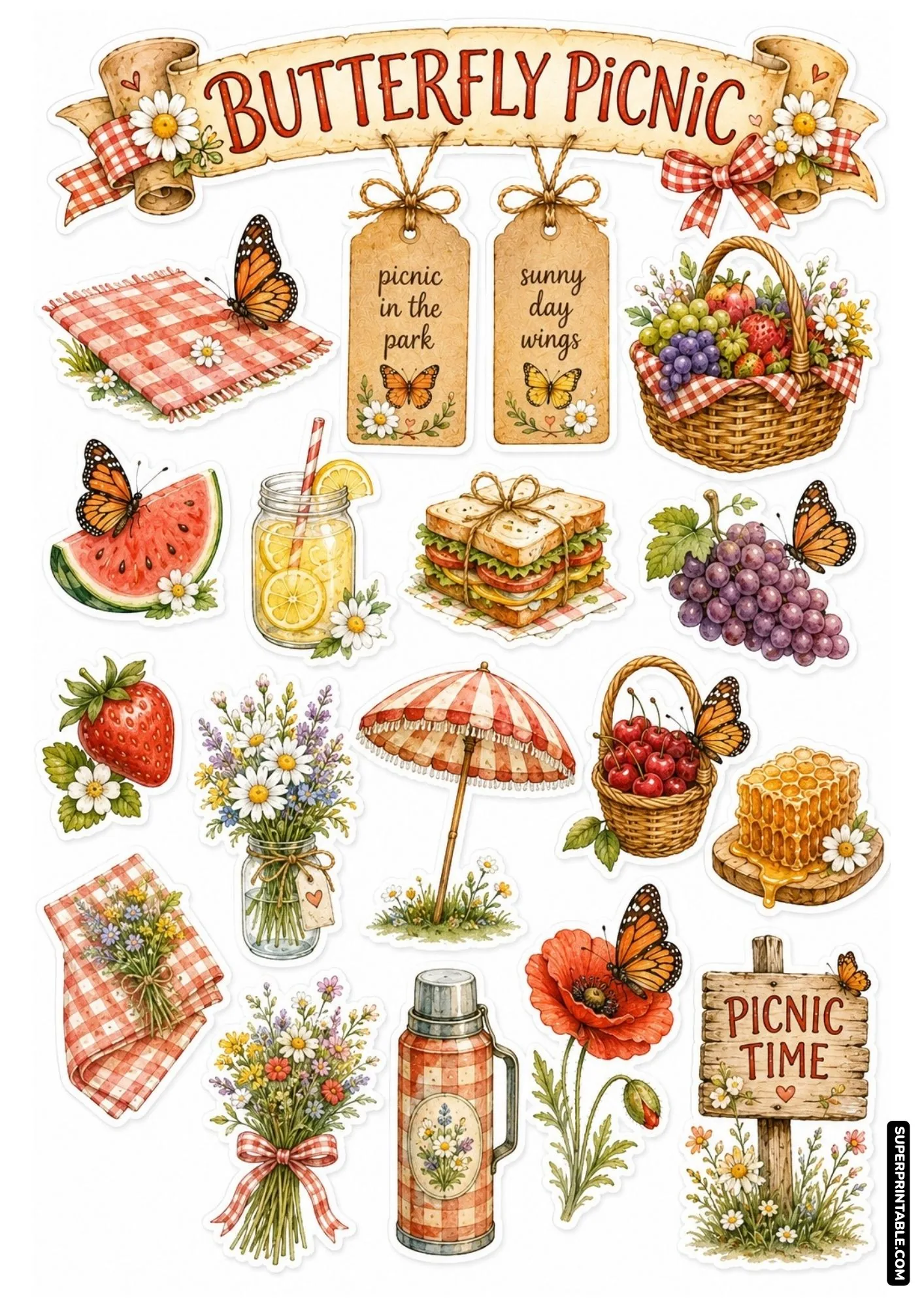Outdoor summer picnic sticker sheet featuring butterflies, red gingham checkered blanket, watermelon, and lemonade.