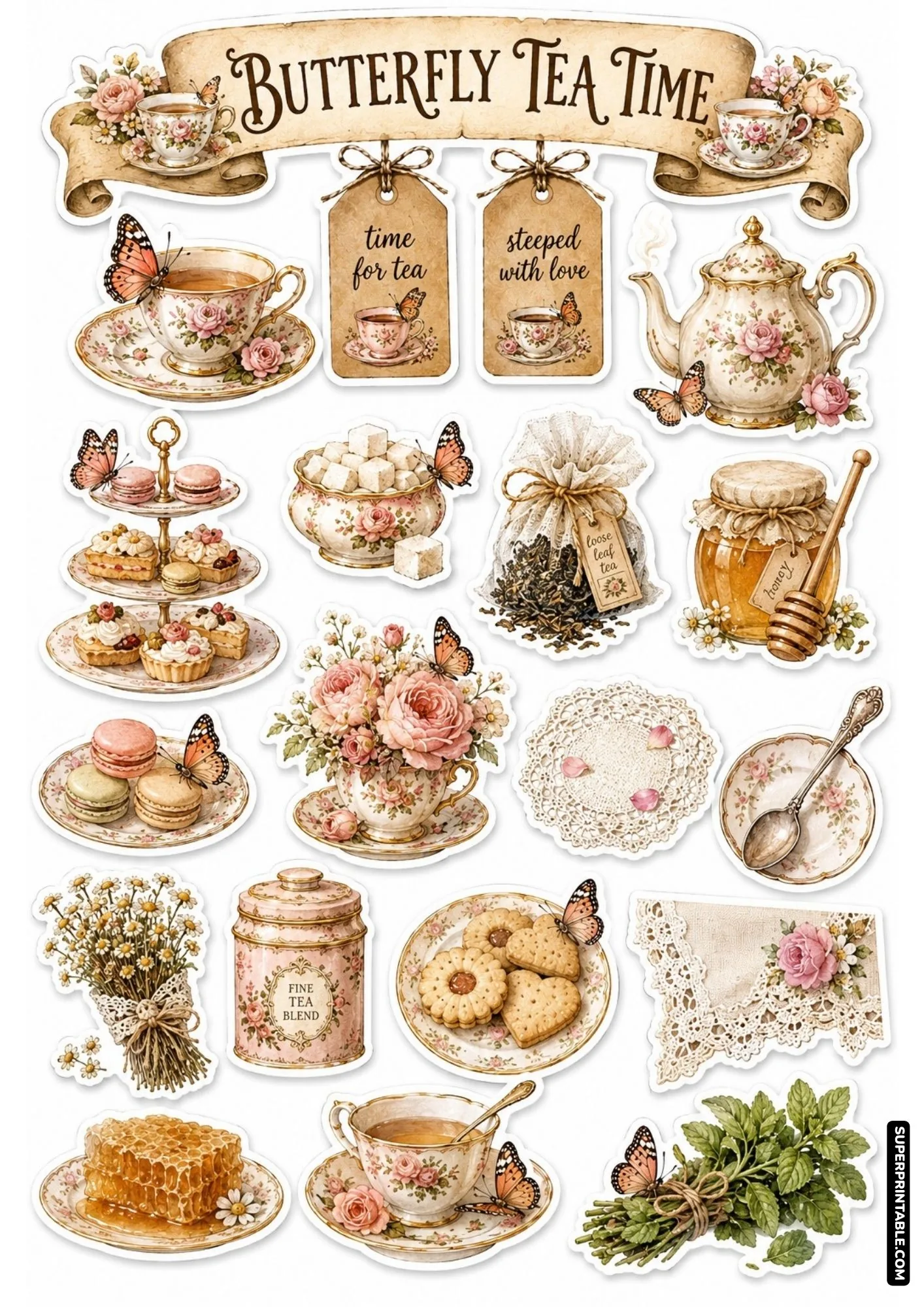 Vintage afternoon tea sticker sheet featuring butterflies, china teacups, rose teapots, macarons, and honey jars.