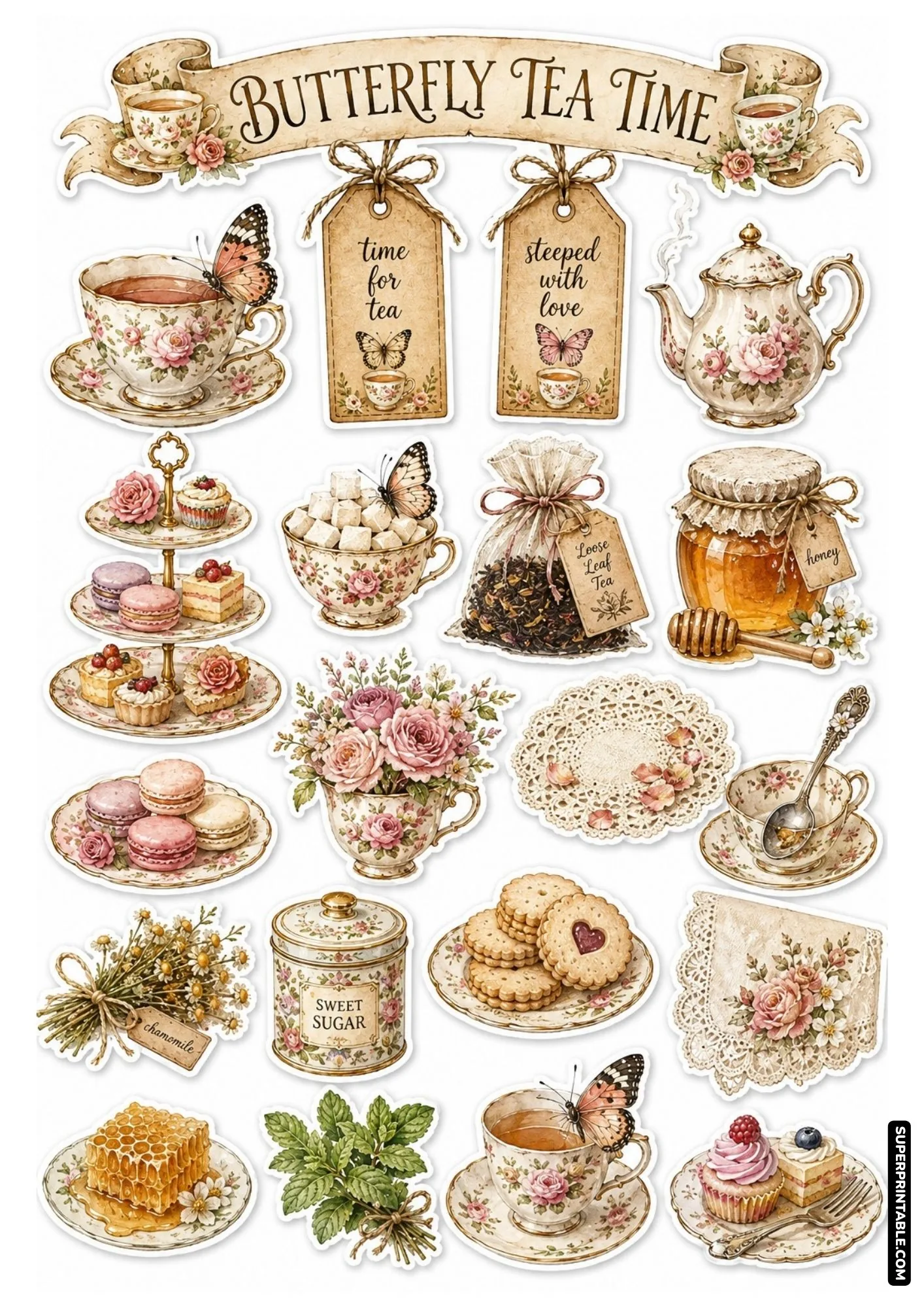 Elegant butterfly tea time sticker sheet featuring floral teacups, sweet macarons, and honey jars.