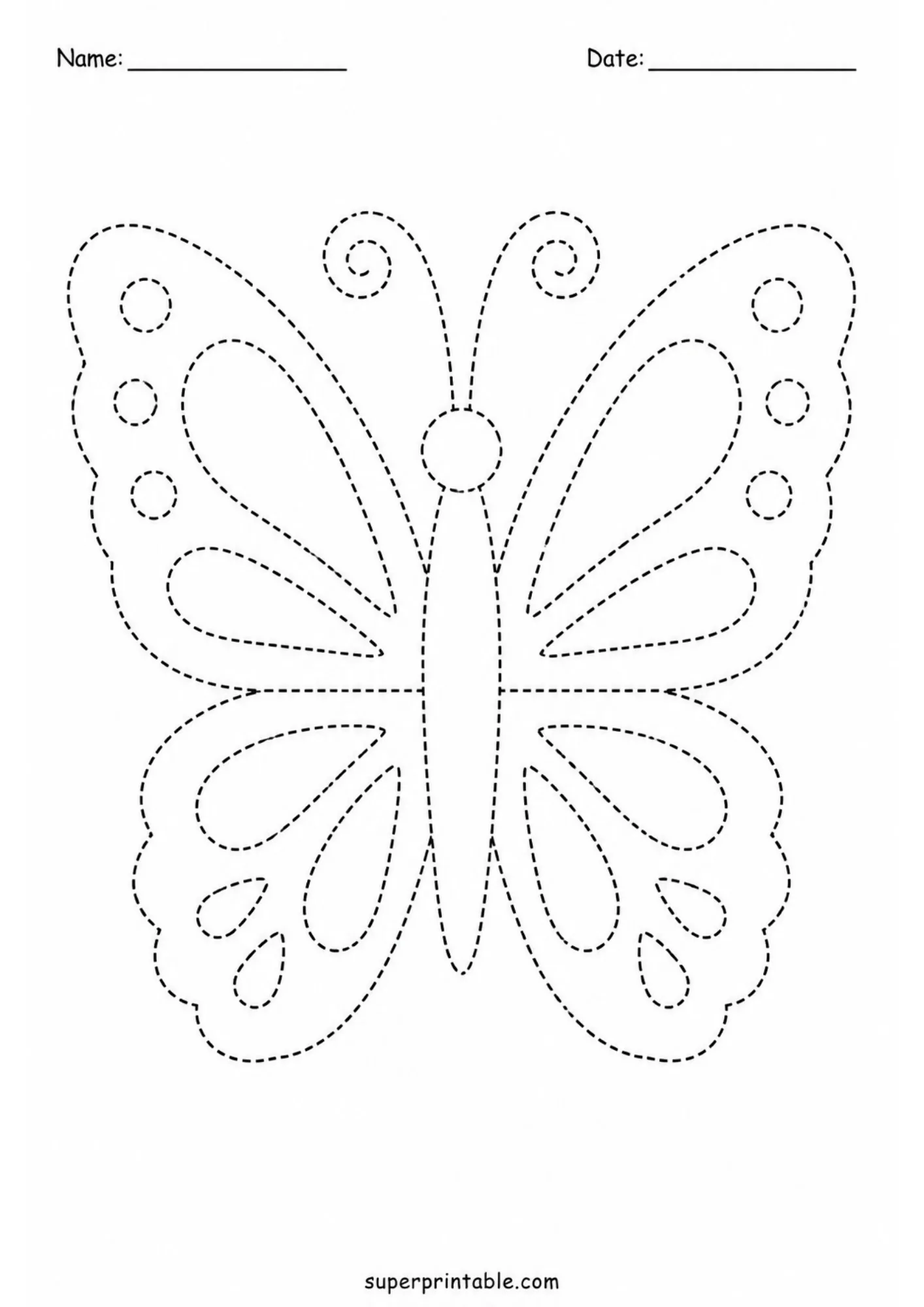 Symmetrical butterfly with wing patterns drawn in dashed line art.