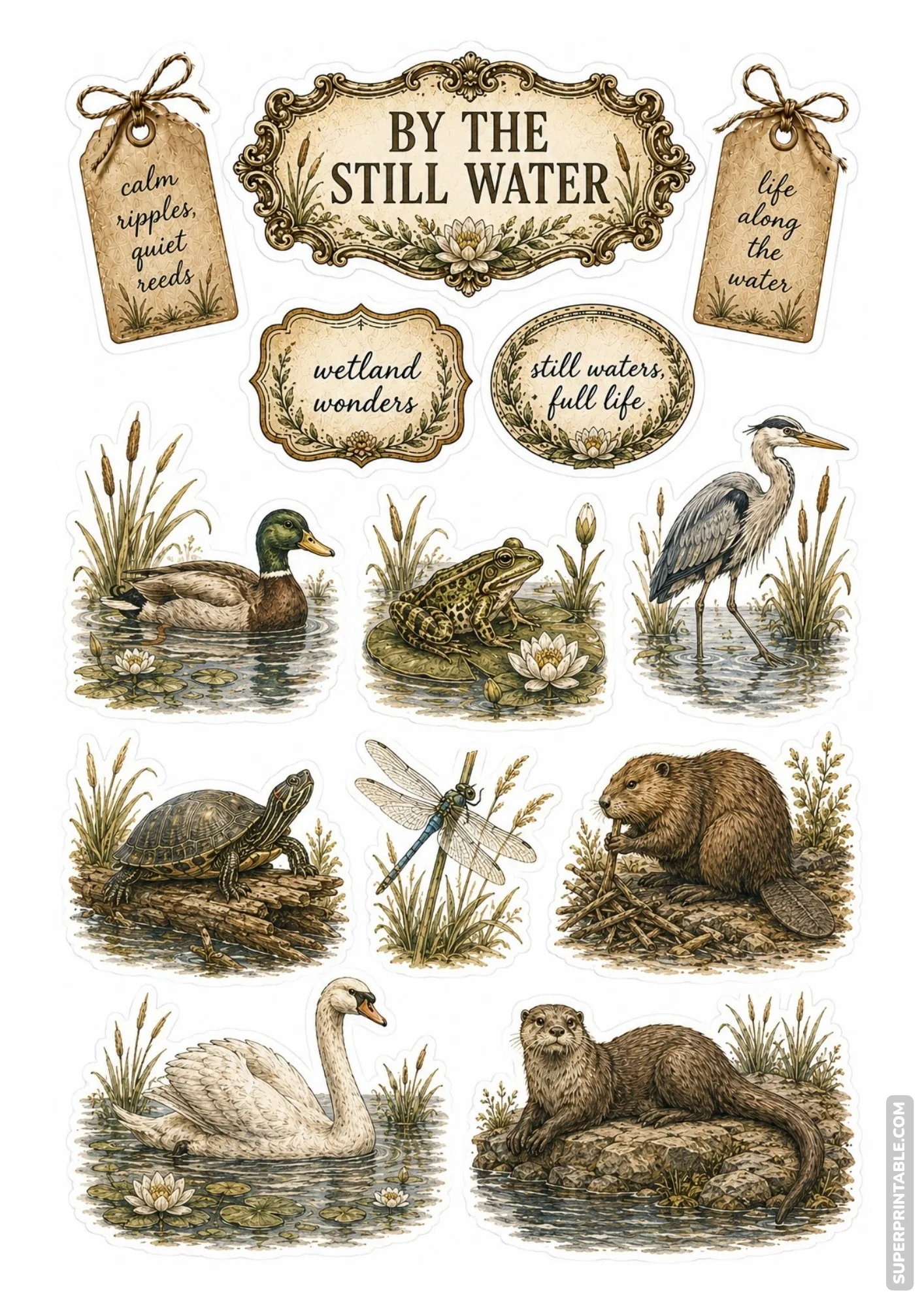 High-quality nature and animal sticker sheets showing wetland birds, frogs, swans, and otters.
