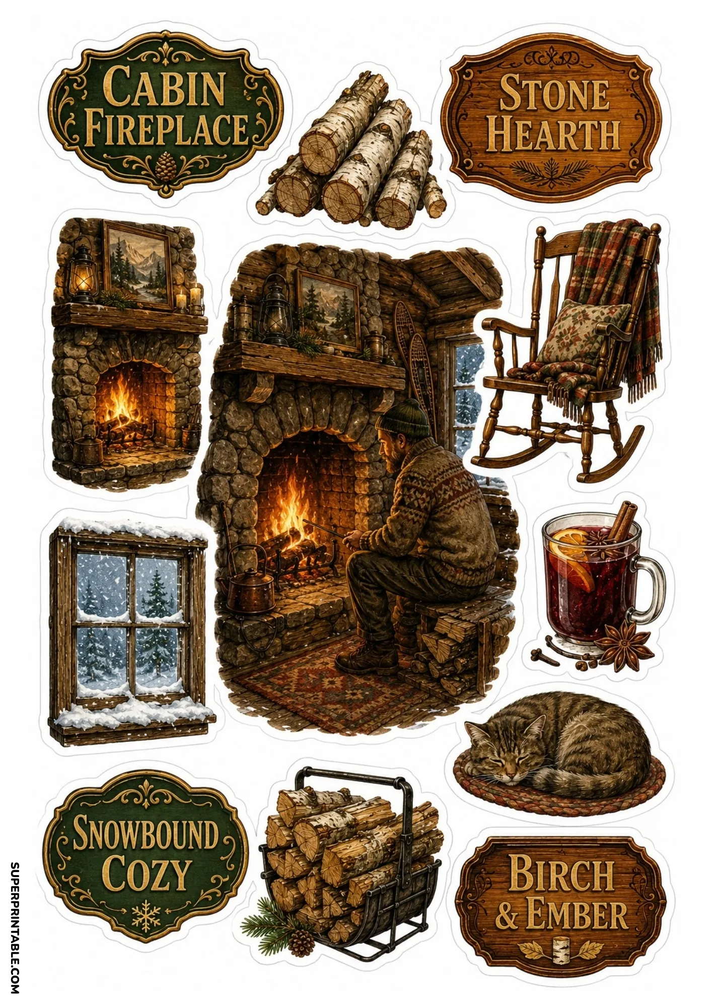 Sticker sheet with a man by a cozy cabin stone fireplace surrounded by logs, rocking chair, hot cider, and cozy winter signs.