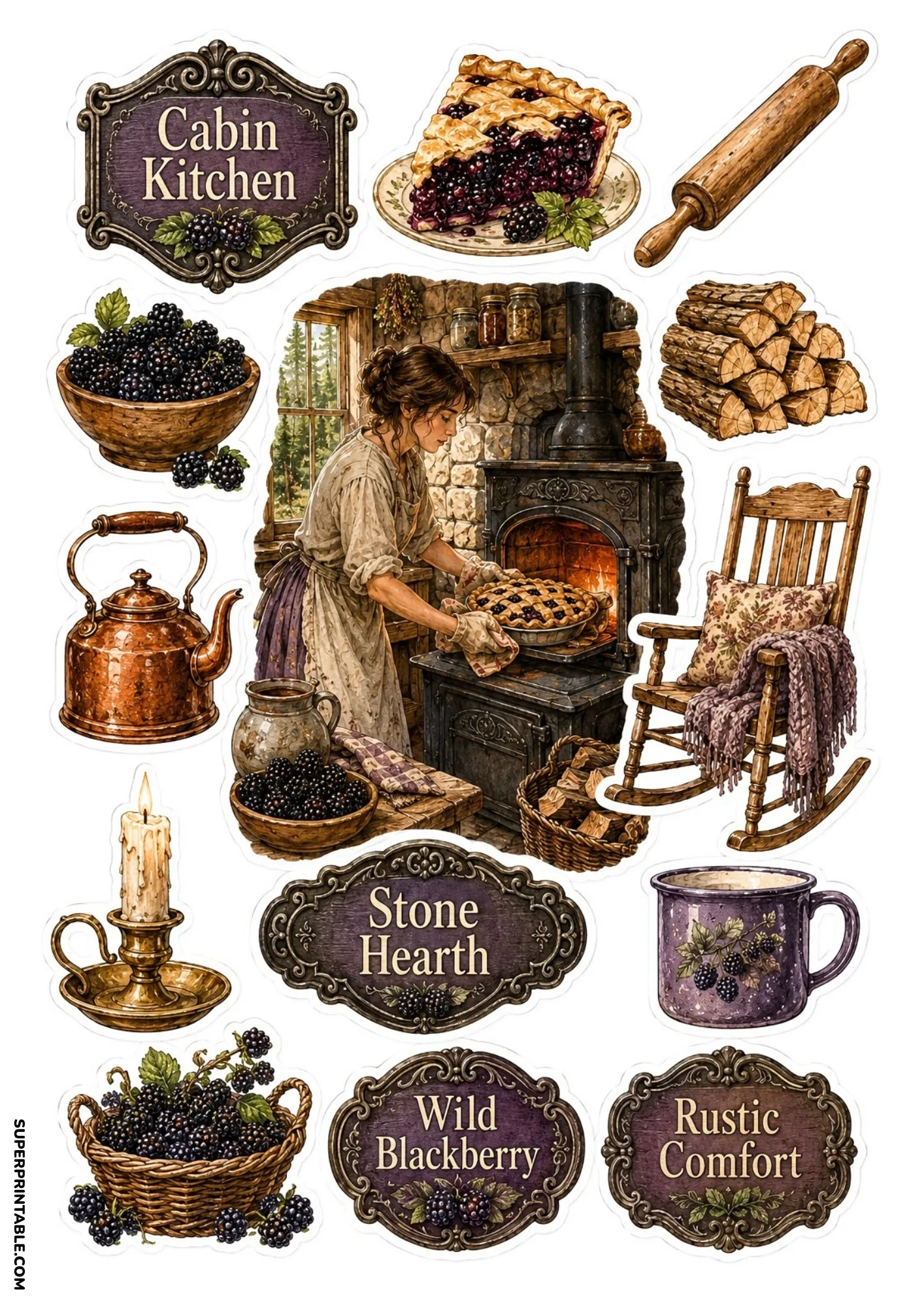 Cozy cabin kitchen stickers featuring a woman baking blackberry pie, wood stove, and rustic hearth signs.