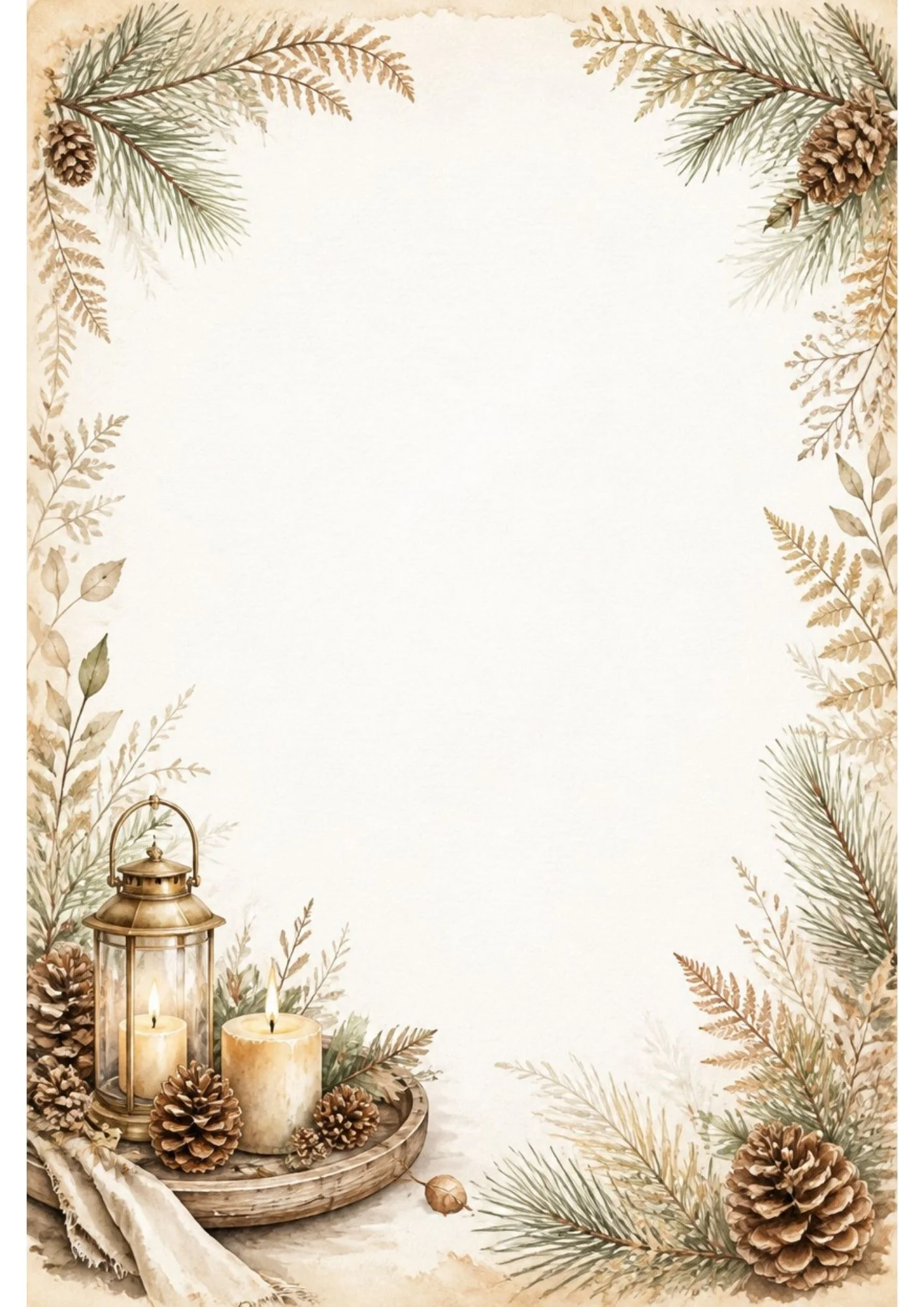 Watercolor border page with a cabin window draped in pine branch, a decorated enamel mug on a wooden ledge, and ferns with tiny mushrooms