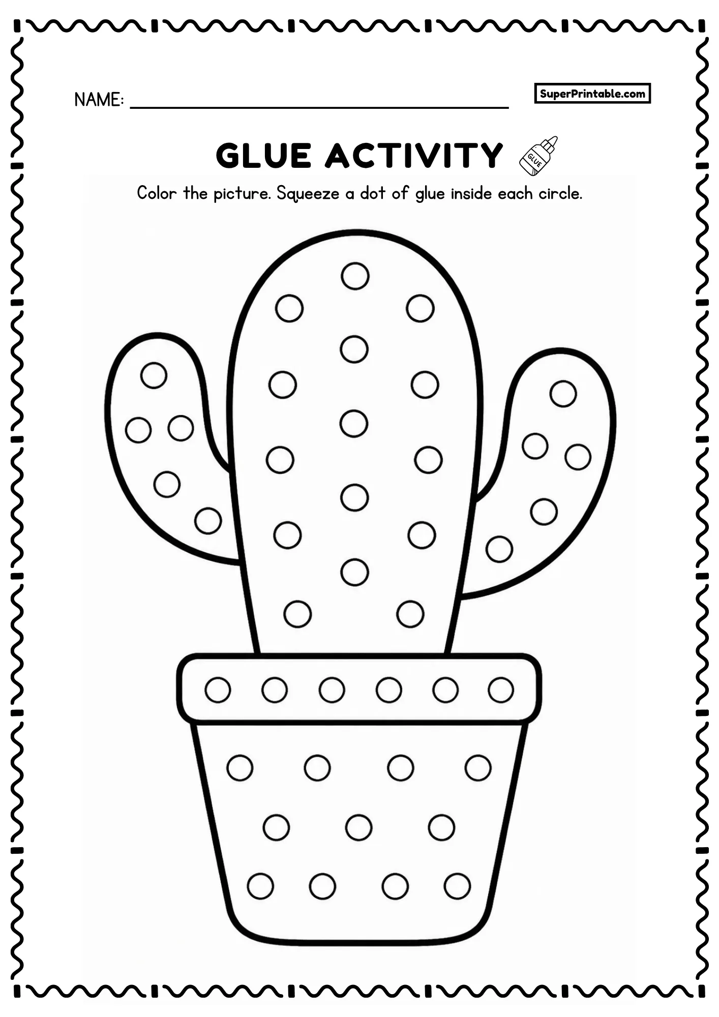 Cactus in flower pot printable glue worksheet with side arms and dot circles for kids