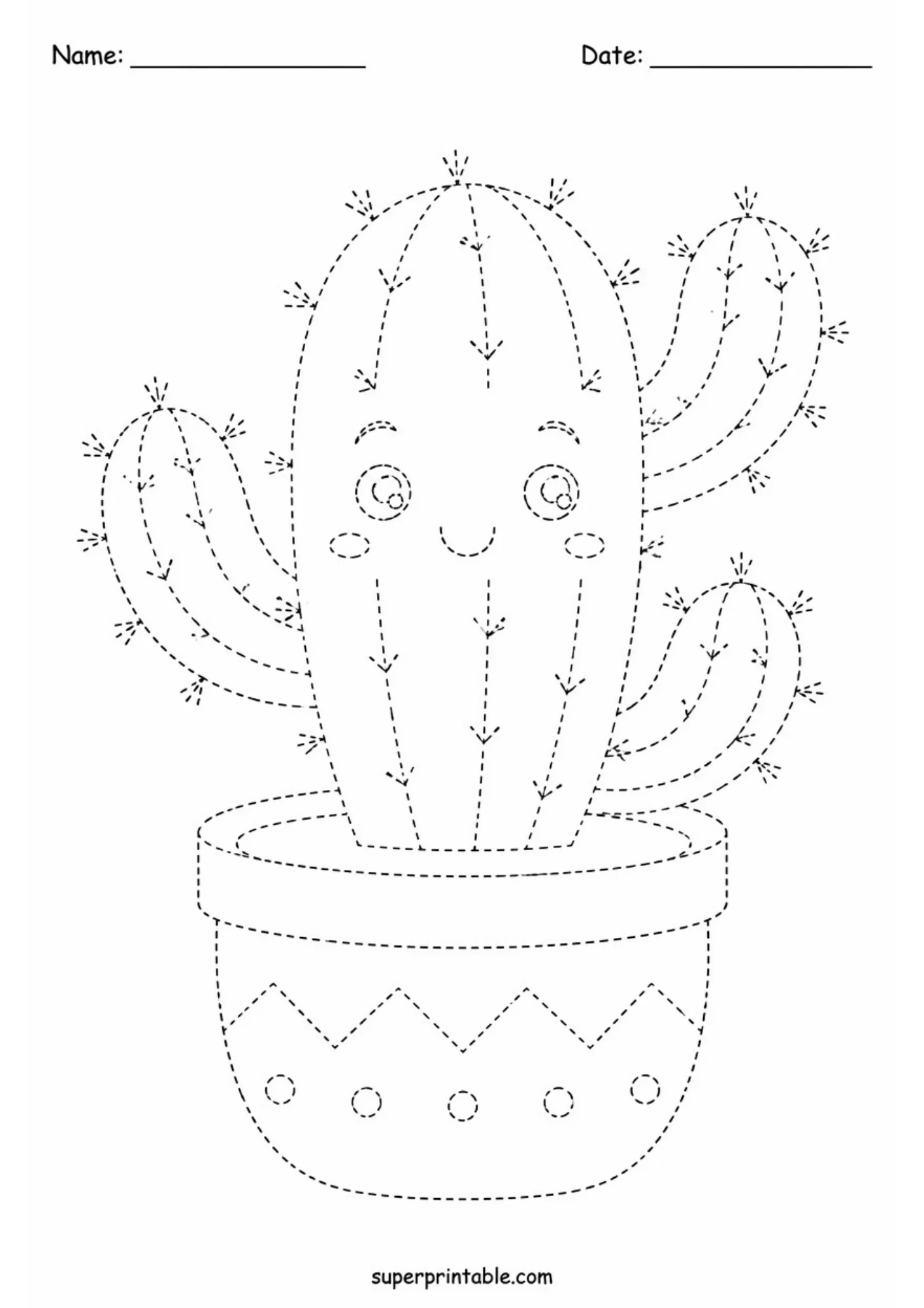 Happy potted cactus plant tracing worksheets for tracing.