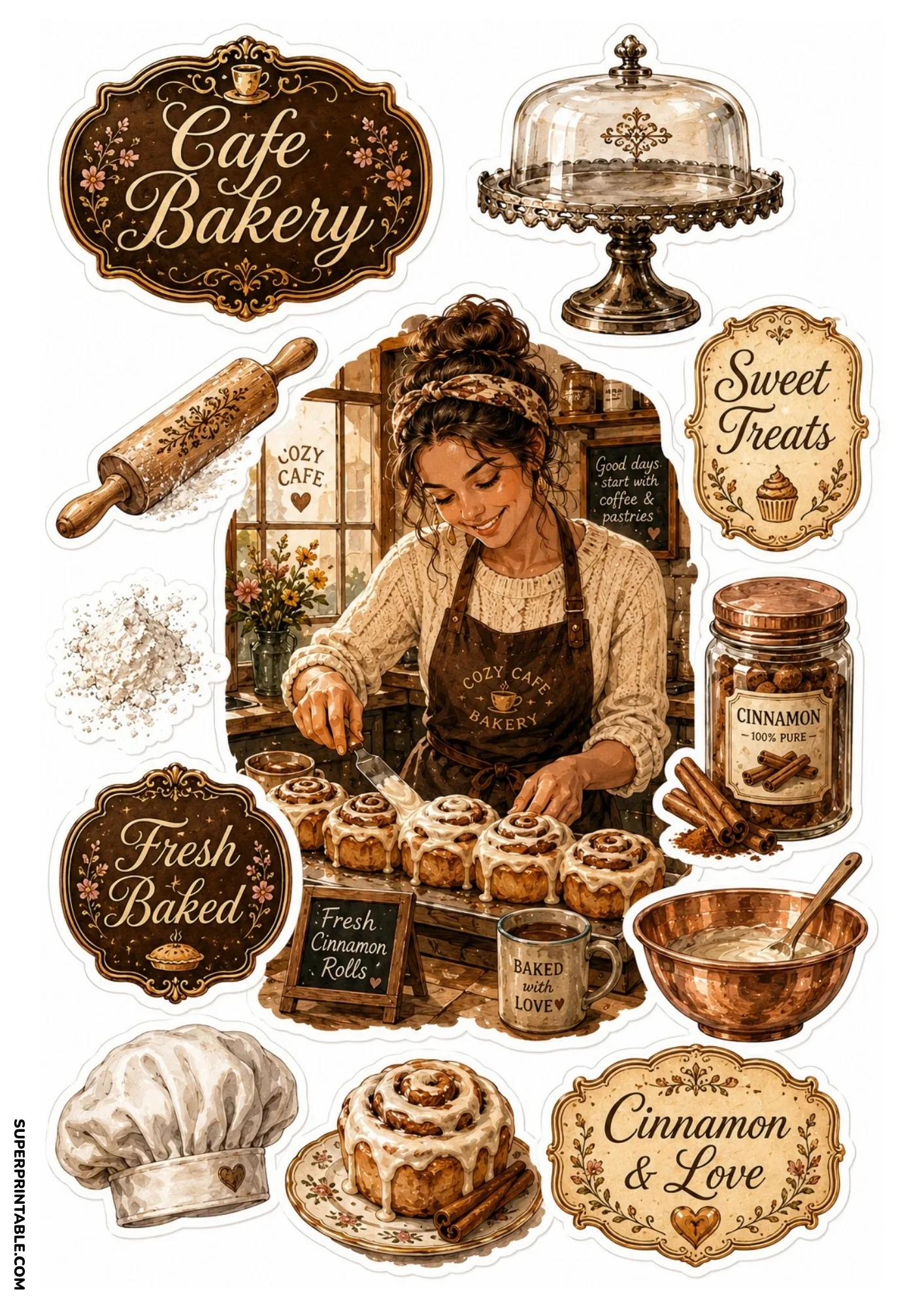 Cafe bakery sticker collection with baker making fresh cinnamon rolls, cake dome, and spice jars.
