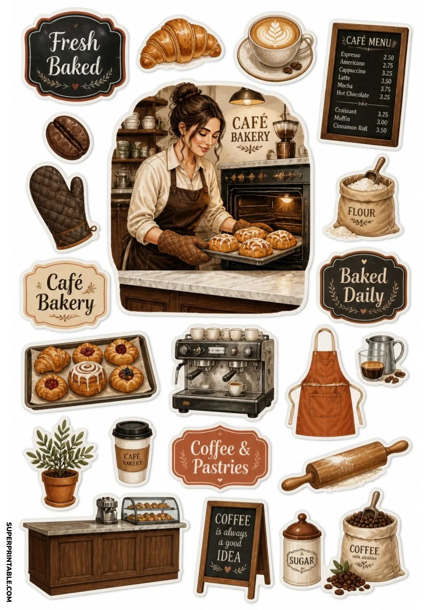 Warm bakery stickers showing a female baker removing fresh baked rolls from a classic oven tray.