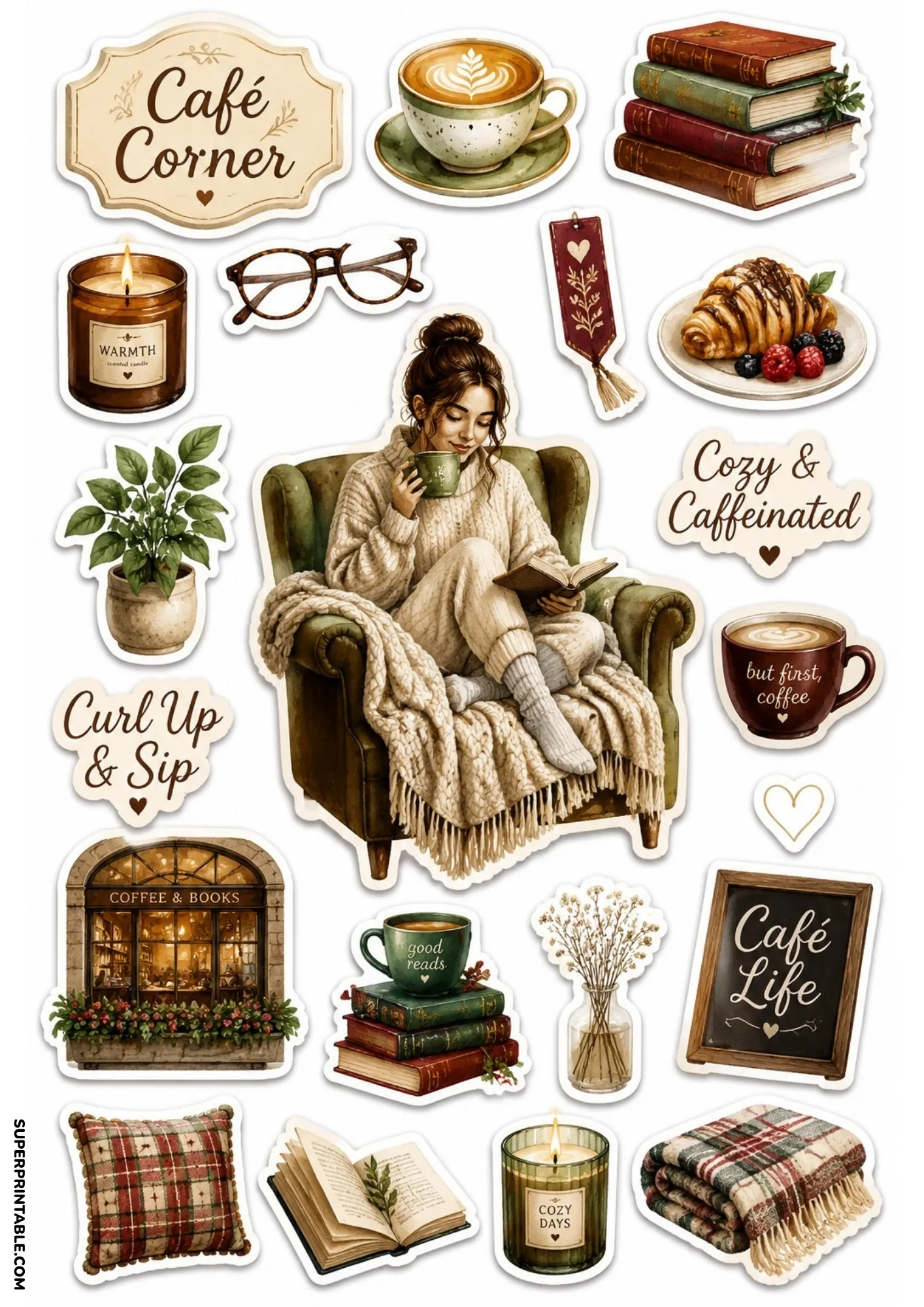 Cozy café stickers featuring a woman reading in a plush armchair with hot coffee and pastries.