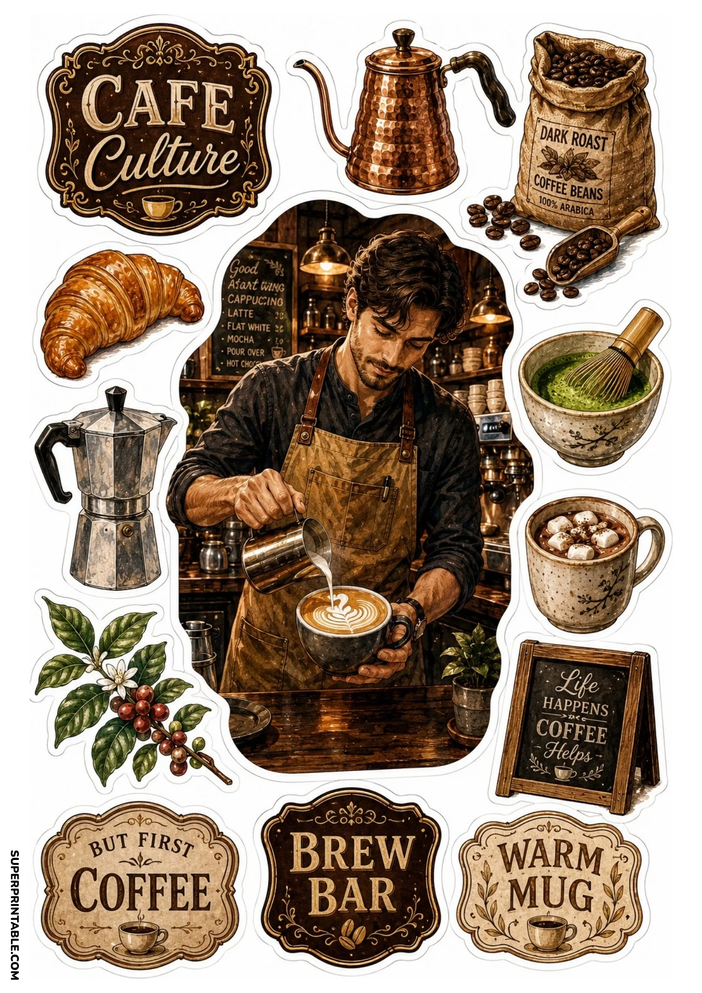 Barista pouring latte art on a coffee and cafe sticker sheet with moka pot, croissant, and coffee beans.