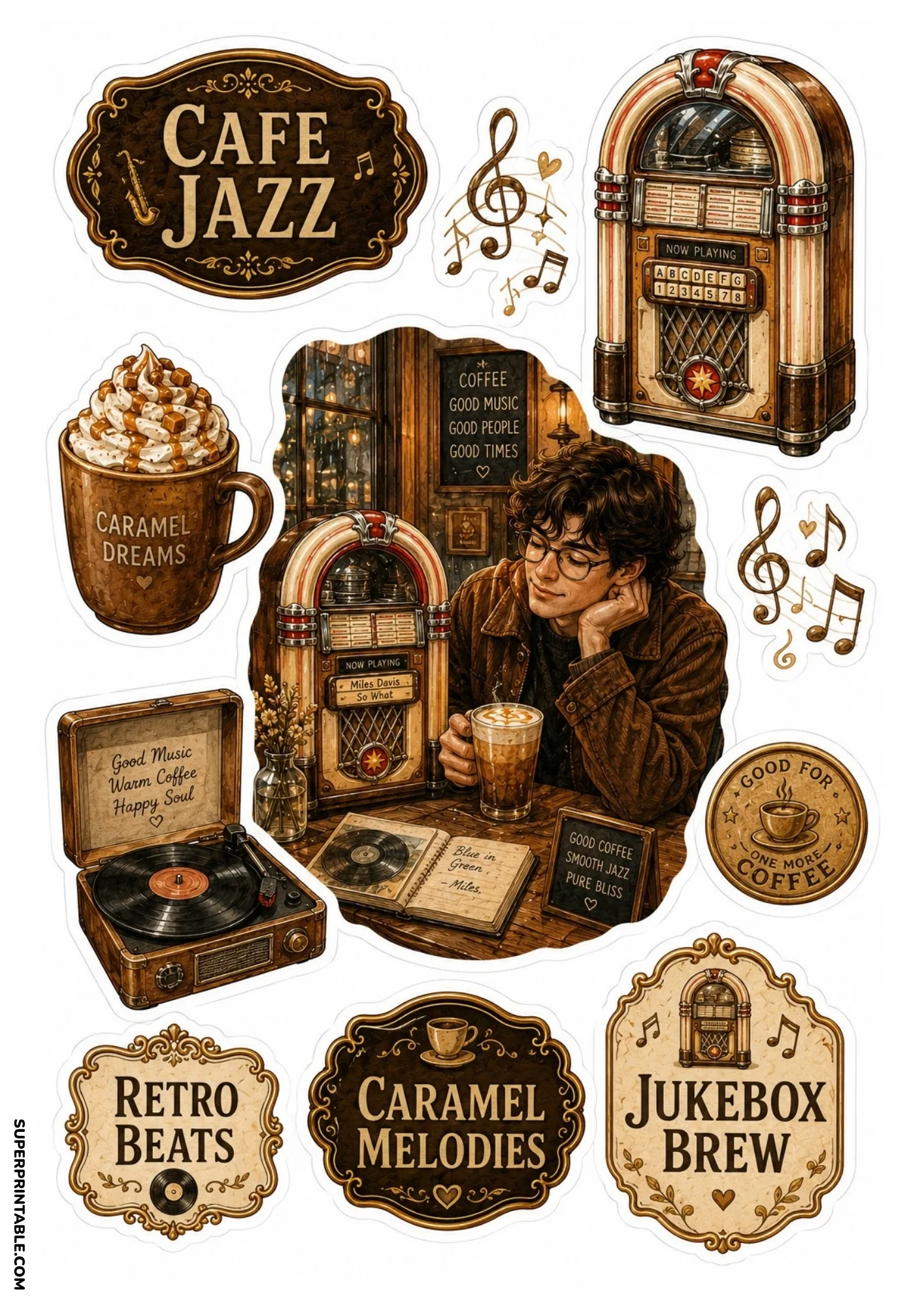 Retro cafe jazz stickers depicting a classic jukebox, vinyl turntable, and caramel hot chocolate.