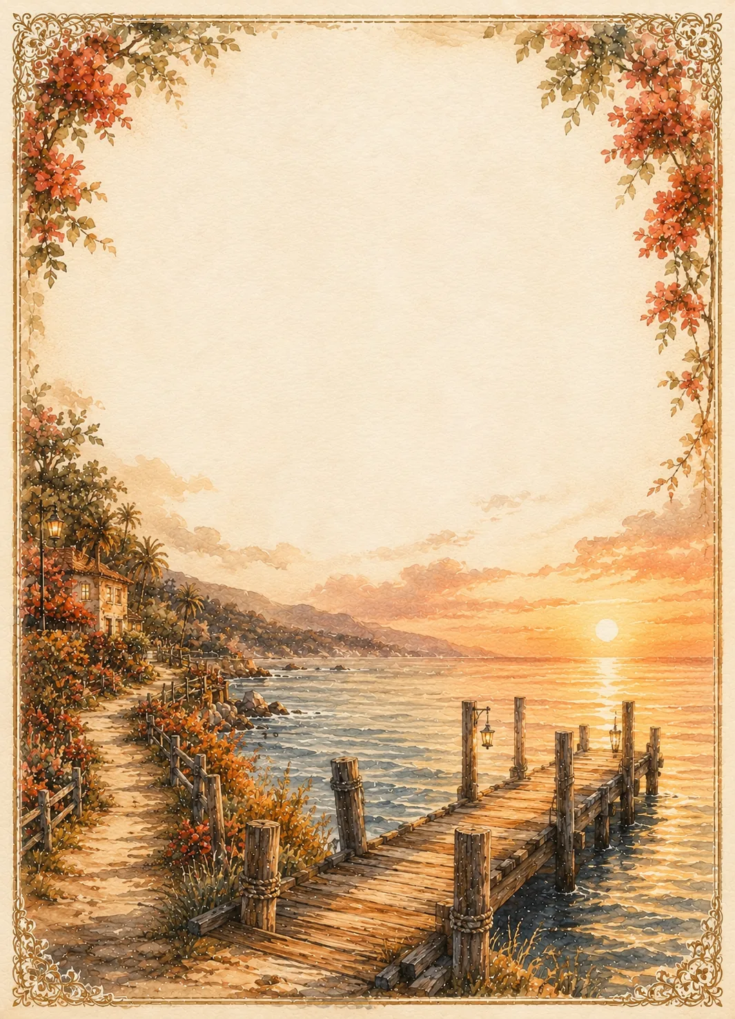 california coast stationery border pages featuring sunset wooden dock