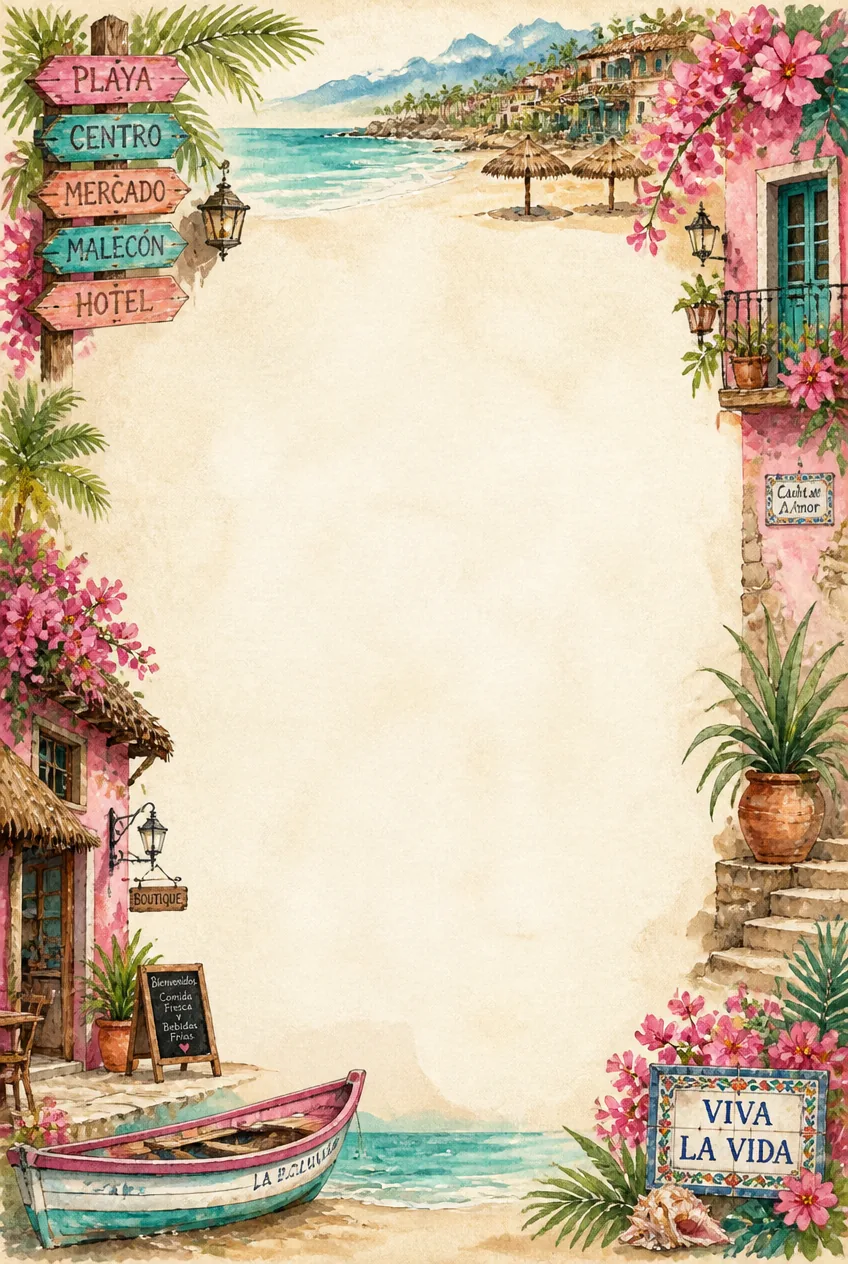 Pacific coast buildings and sea cliffs watercolor border framing an unruled note page.