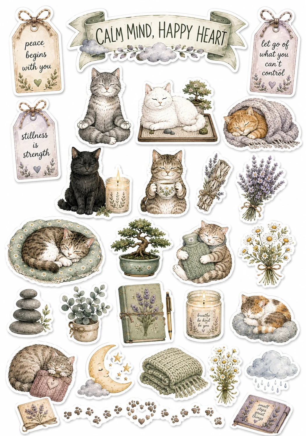 Calm Mind Happy Heart Black White Cat Sheet featuring cozy cats, mental health self-care, mindfulness, and gentle affirmations.