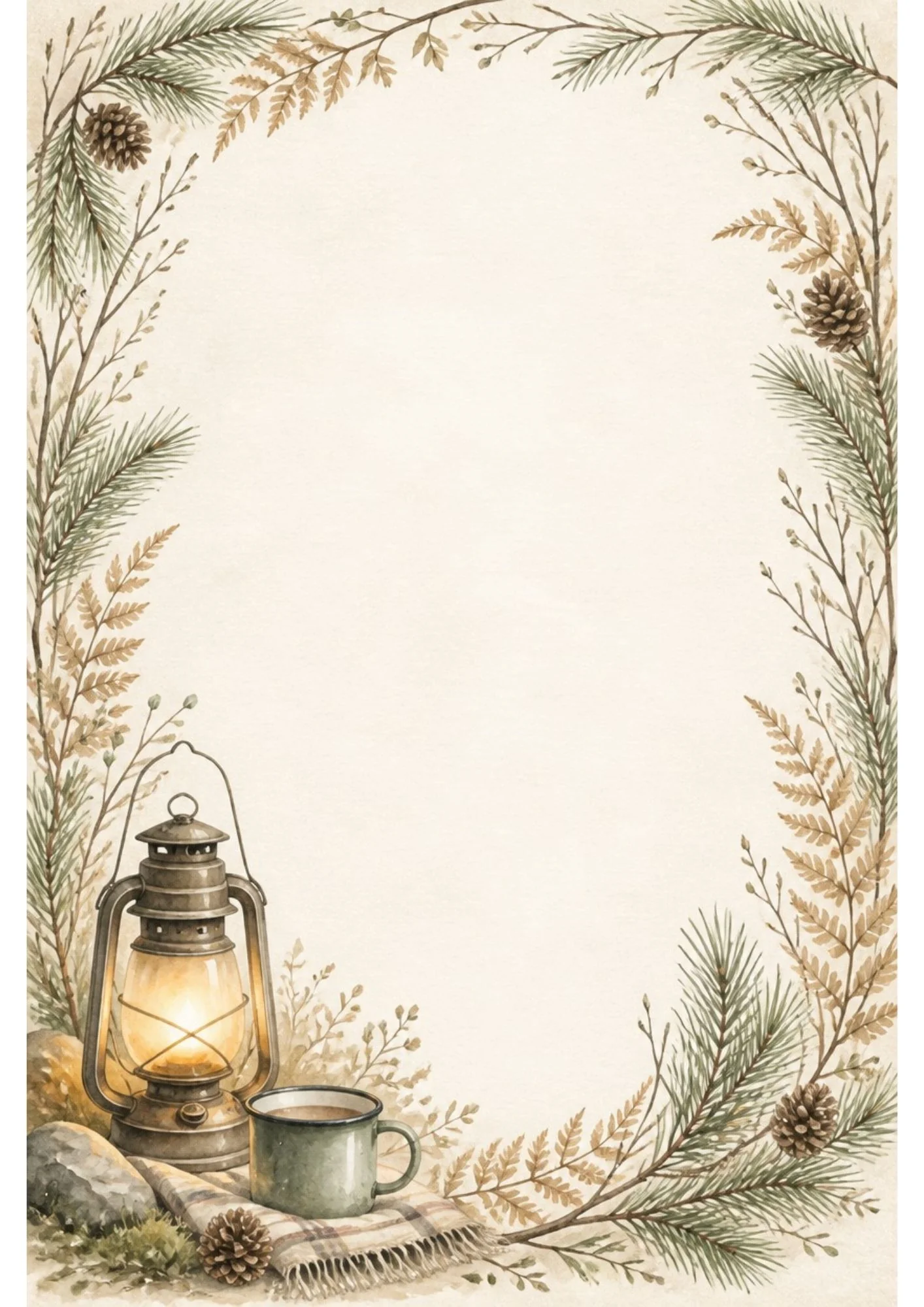 Watercolor full-border page with pine branches and pinecones enclosing a glowing brass lantern and enamel mug on a plaid blanket