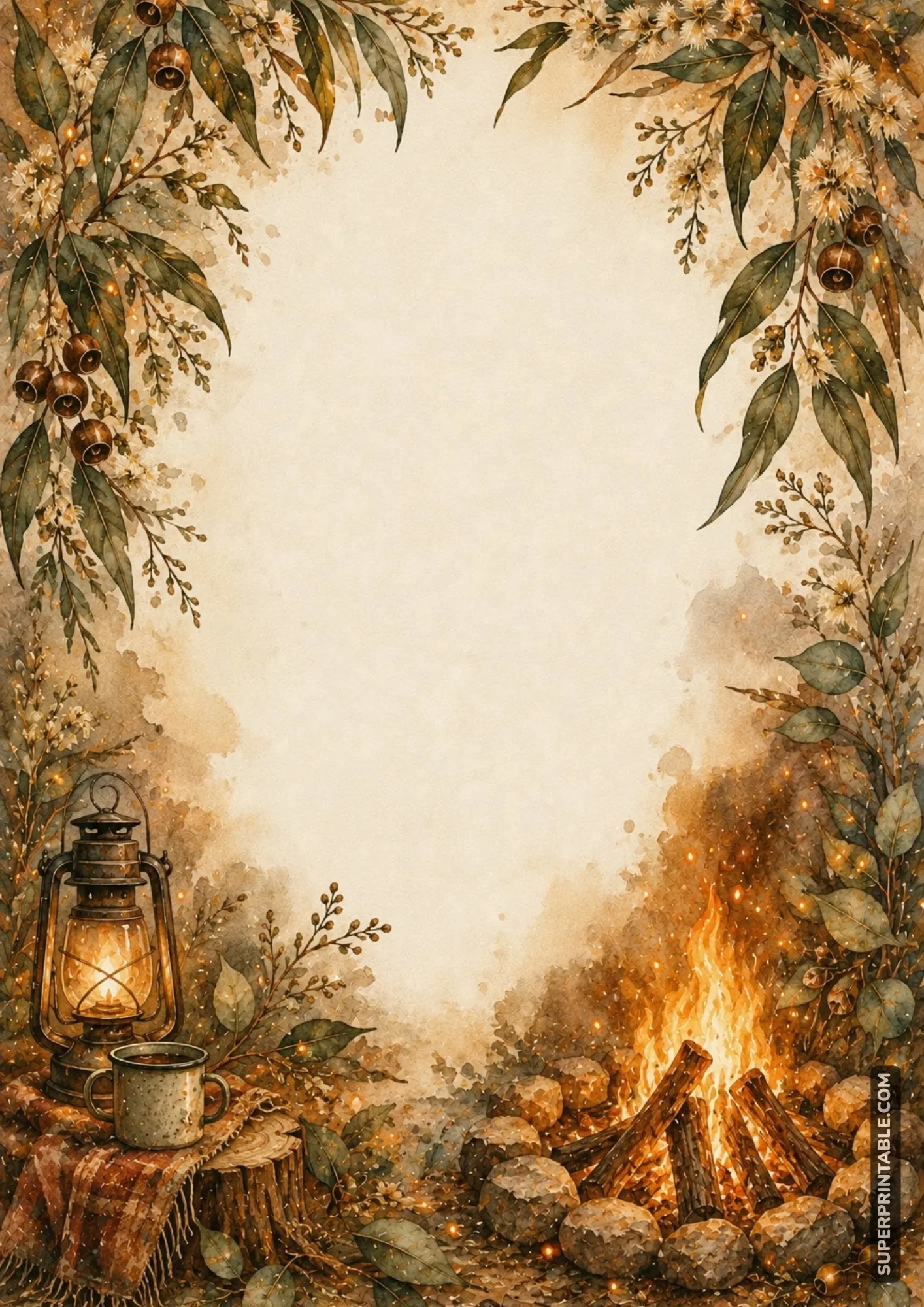 Campfire writing page with lantern, mug, fire, stones, and woodland foliage