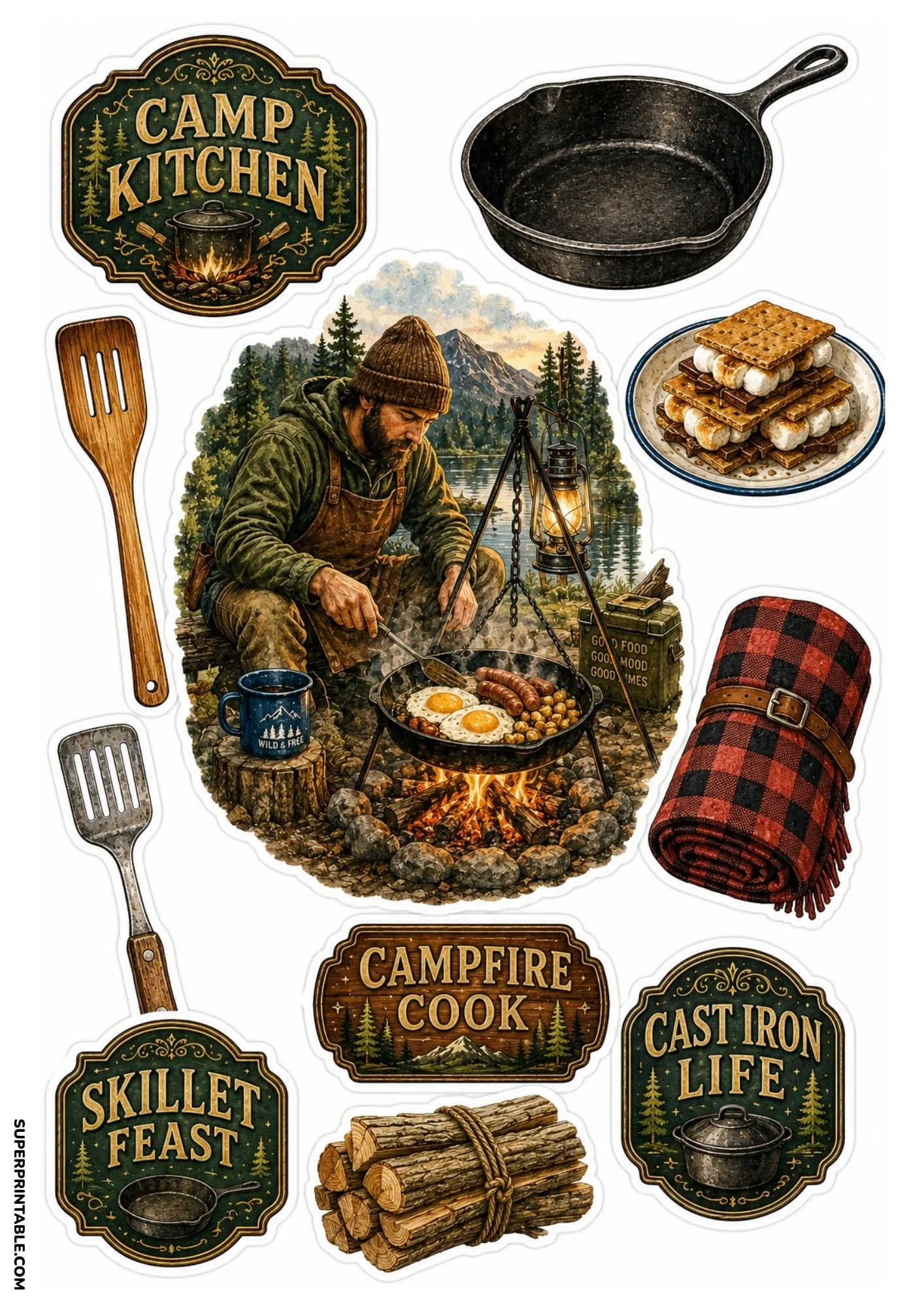 Sticker sheet illustrating campfire cooking with cast-iron cookware, sausages and eggs, s'mores, utensils, and rustic wood signs.