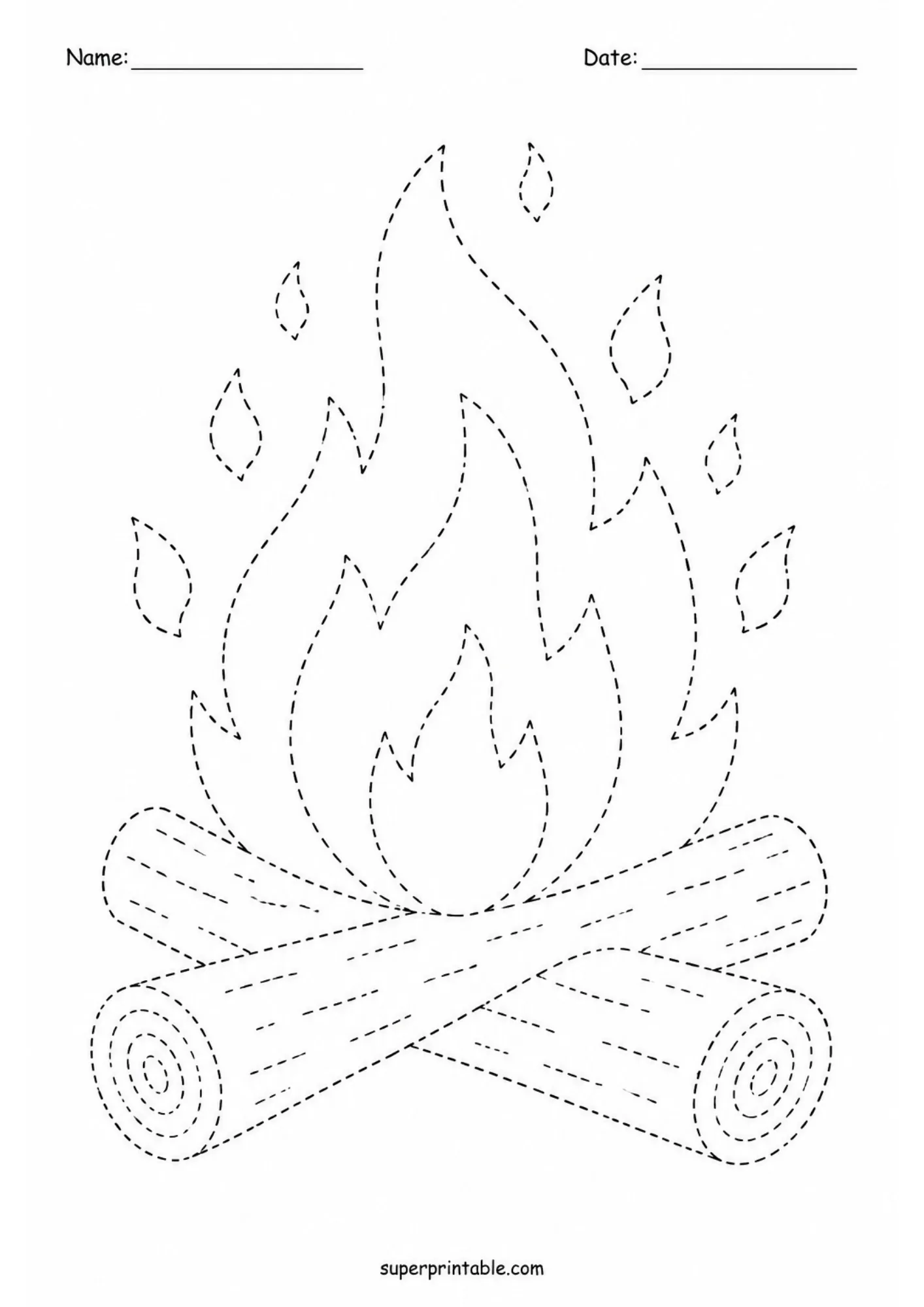 Campfire tracing activity with large flames and crossed wooden logs for kids