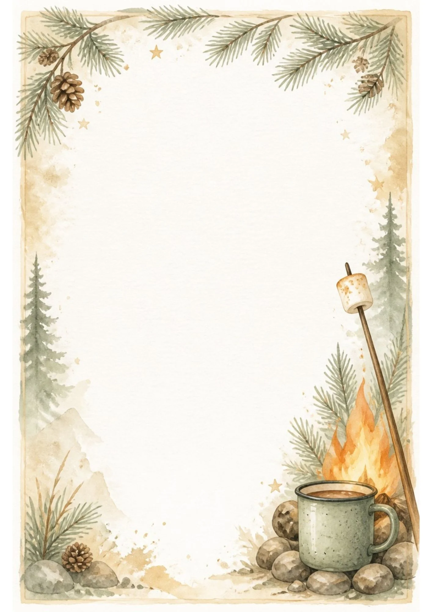 Watercolor border page featuring pine branch border, campfire with toasting marshmallow, and speckled enamel camp mug