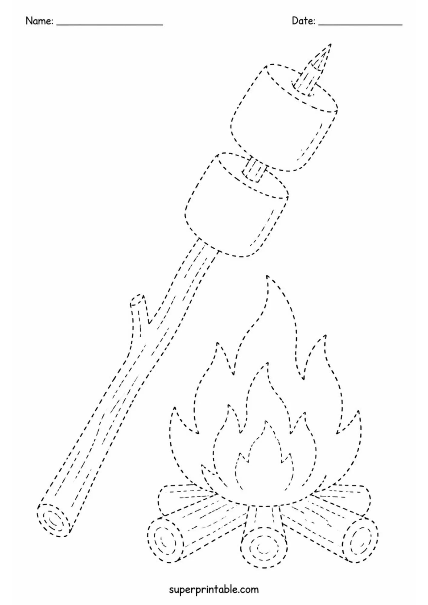Marshmallows on a roasting stick beside a campfire with flames and wooden logs