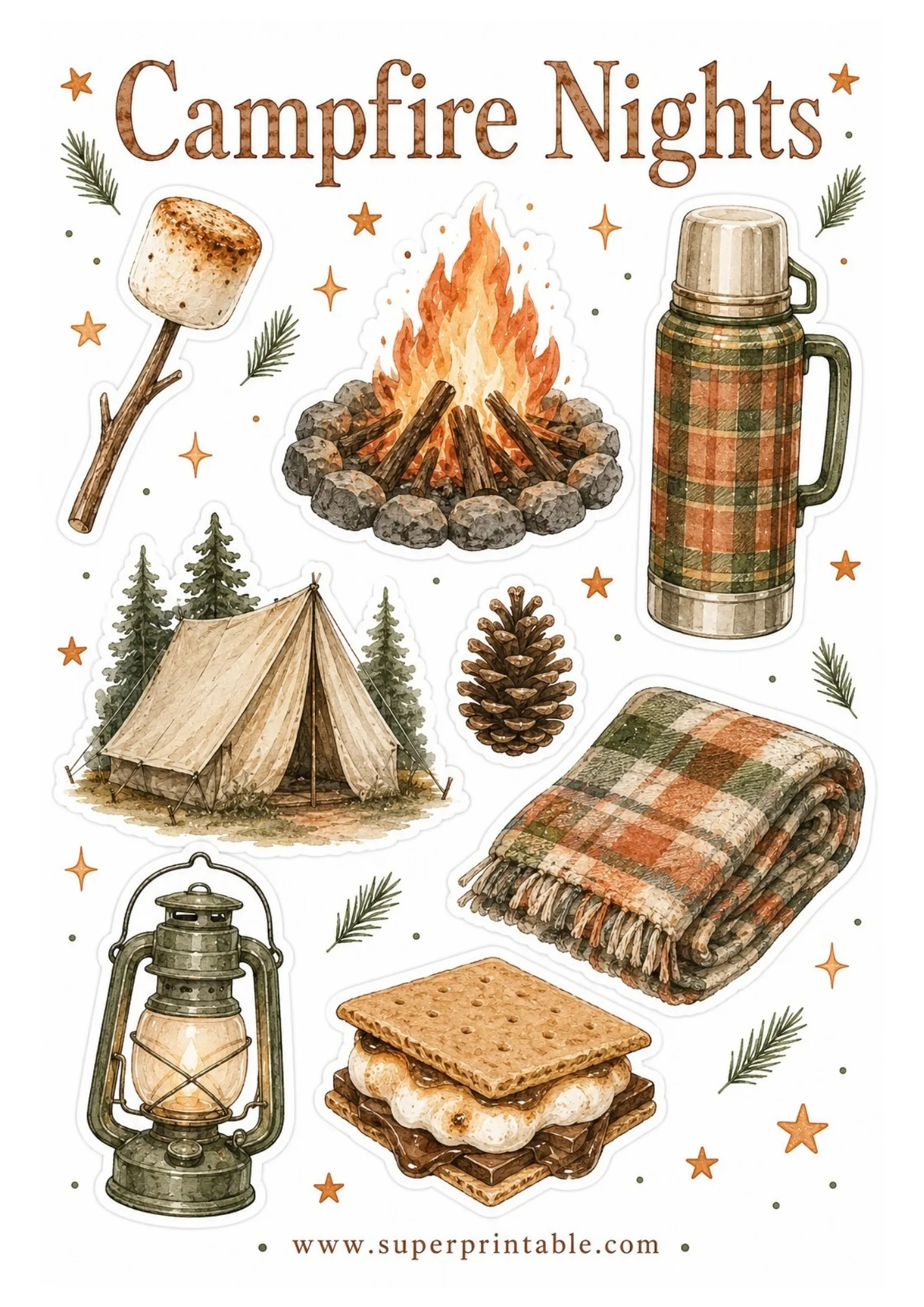 Printable outdoor sticker sheet featuring watercolor marshmallow, campfire, thermos, tent, pinecone, plaid blanket, lantern, and s'more.