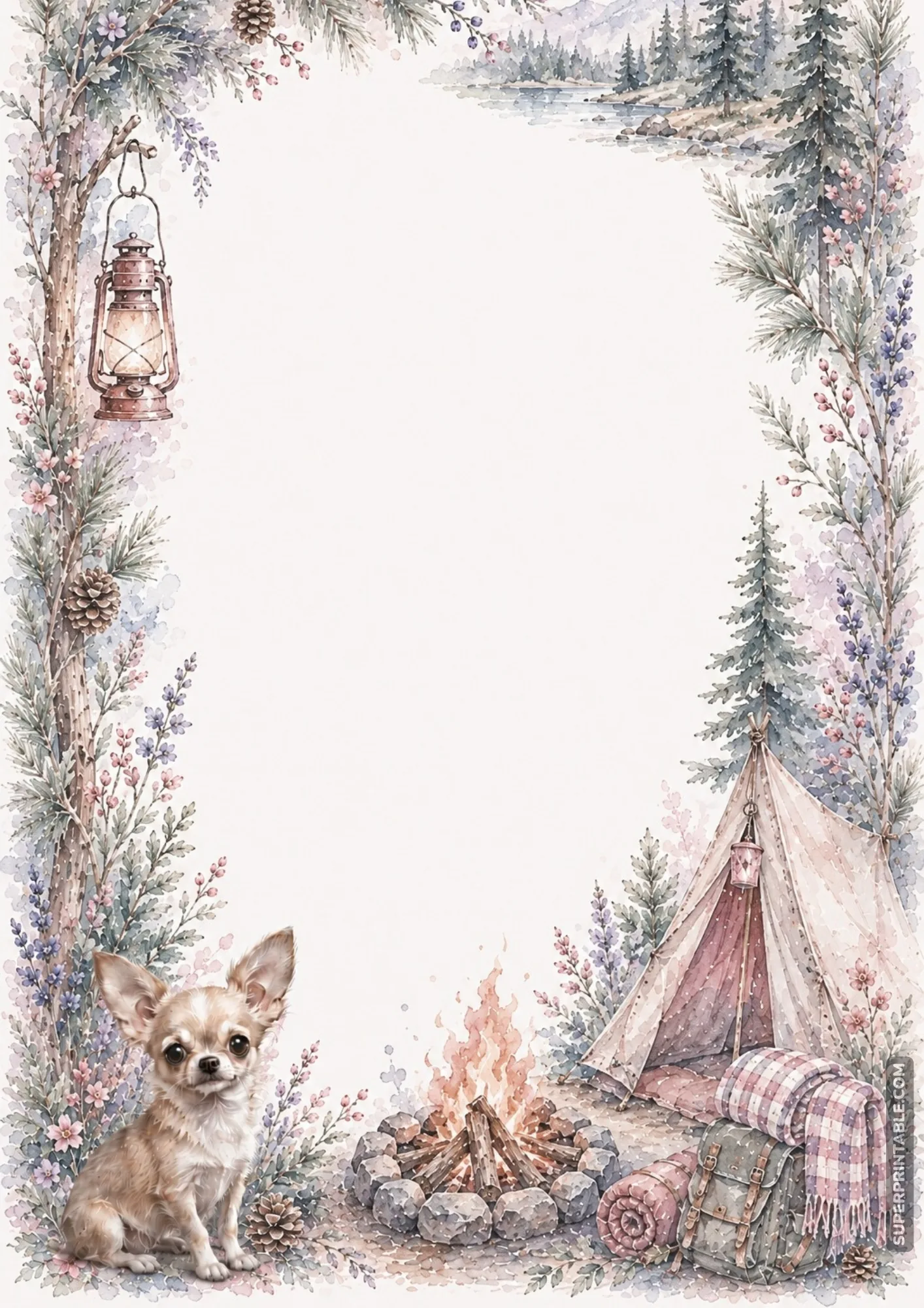 Cozy woodland camping border page with campfire tent pine trees lantern and chihuahua