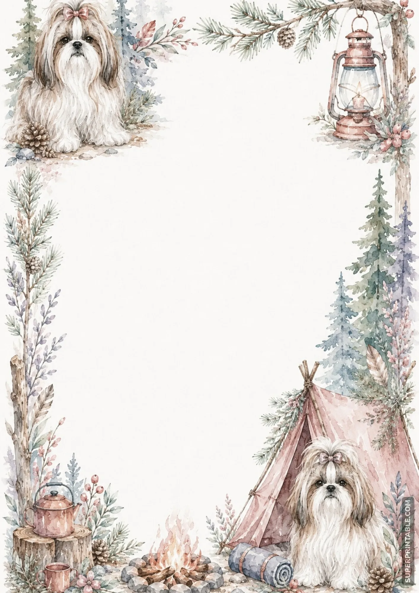 Woodland campsite stationery border with cozy tent burning campfire and pine trees