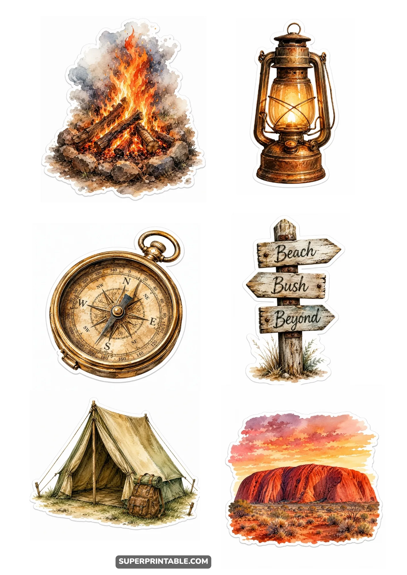 Camping sticker sheet featuring campfire, lantern, compass, tent, trail sign, and Uluru