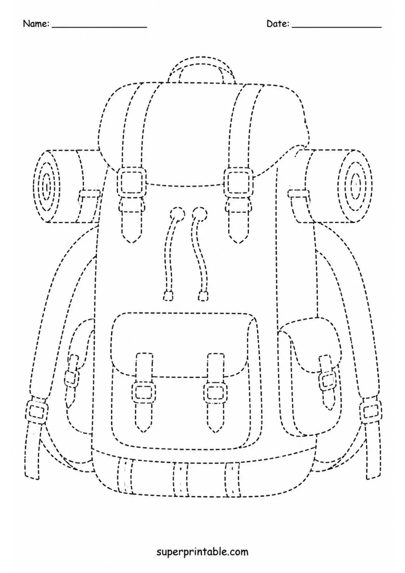 Hiking backpack tracing page with straps, buckles, pockets, handle, and rolled camping gear