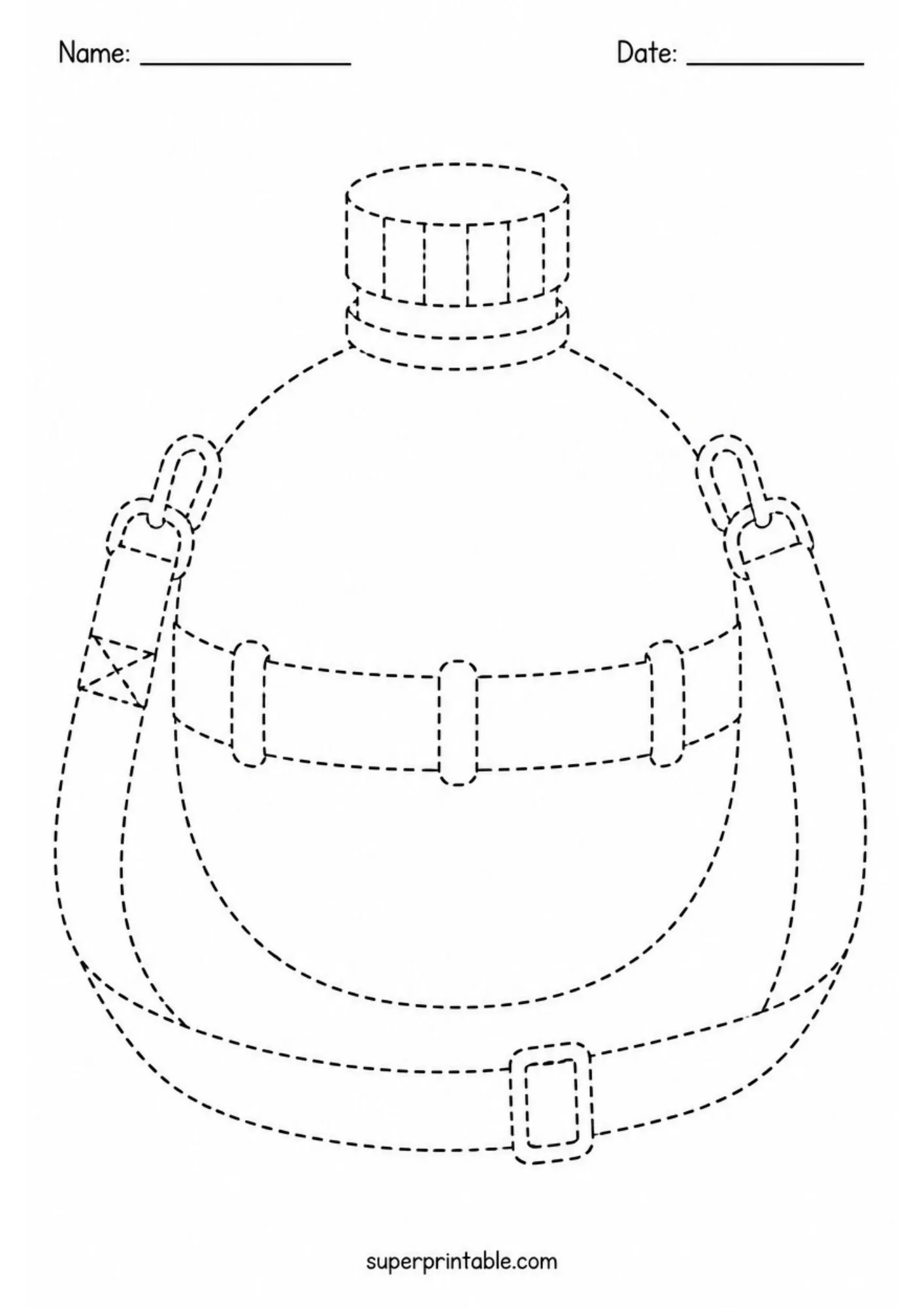 Camping tracing worksheets showing a round canteen with cap, belt, loops, and carrying strap