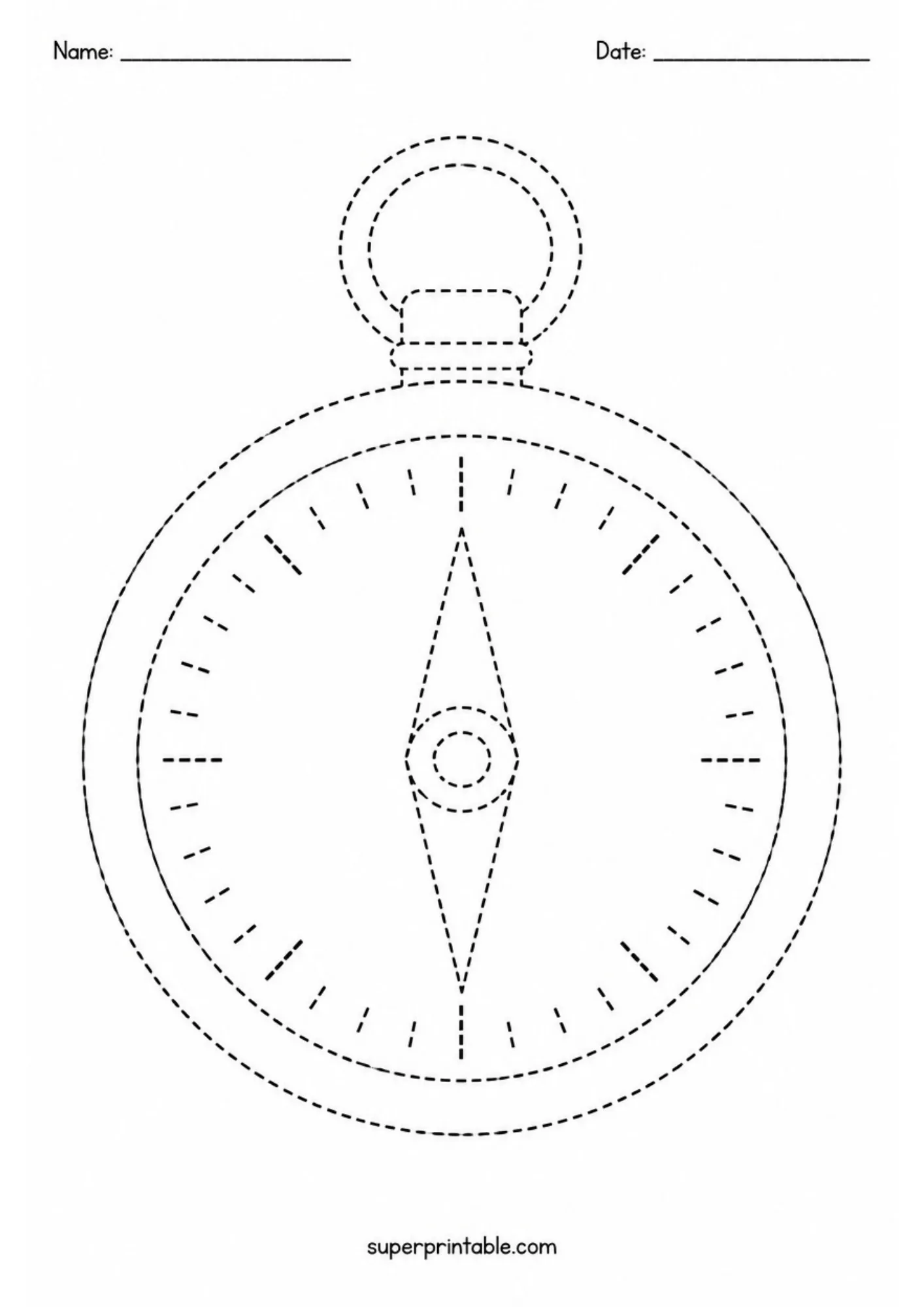Round compass tracing worksheet with directional needle, top loop, and dial markings