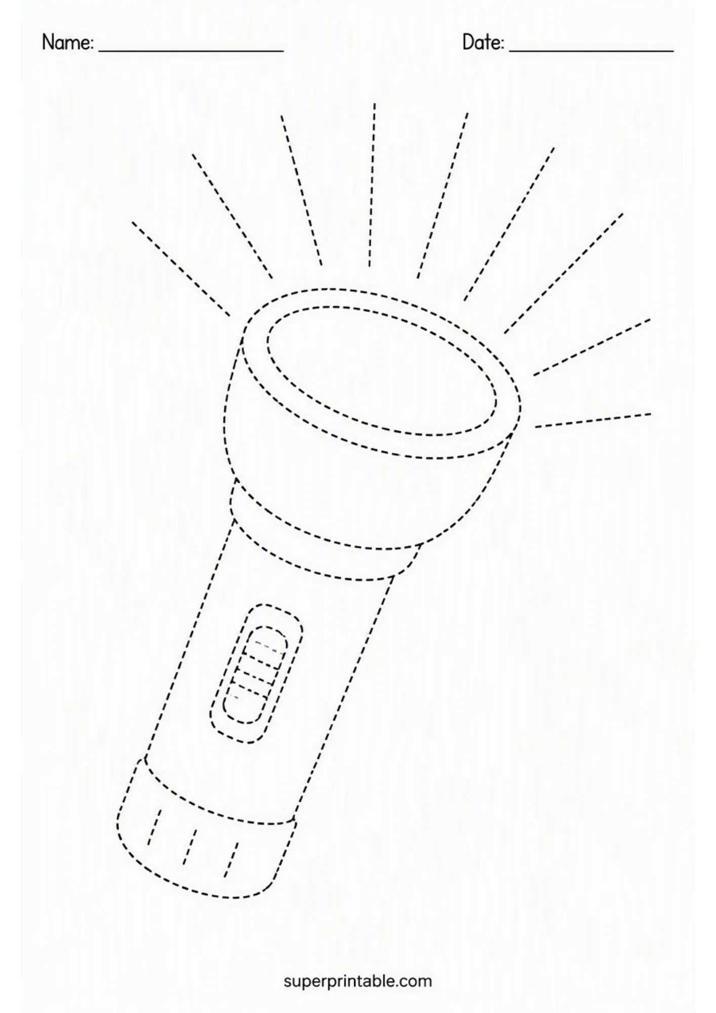 Flashlight tracing activity with a large round lens, handle, switch, and shining light rays