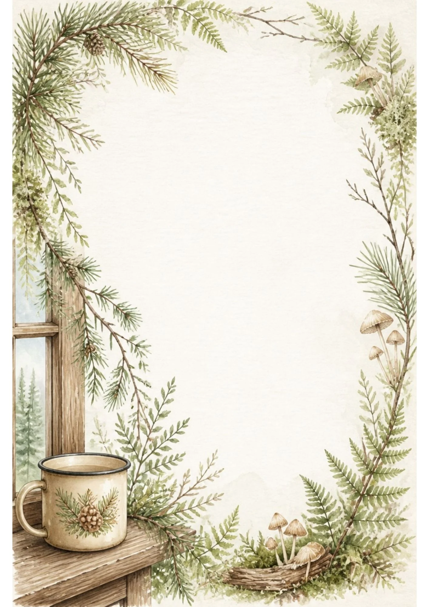 Watercolor border page with a canvas camping tent and green backpack on the left, glowing pewter lantern among pine ferns on the right