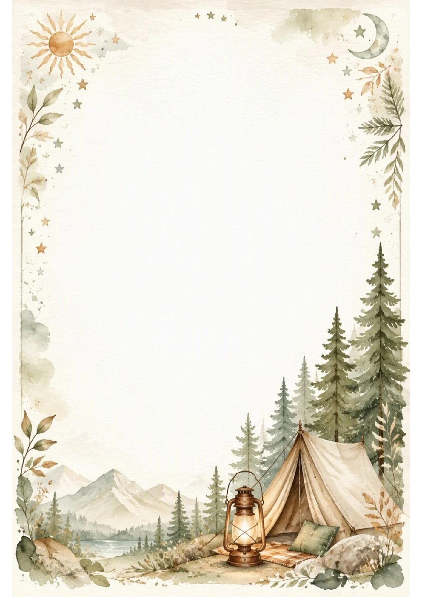 Watercolor border page with camping tent, glowing lantern, pine trees, moon, sun, and stars in sage and gold tones