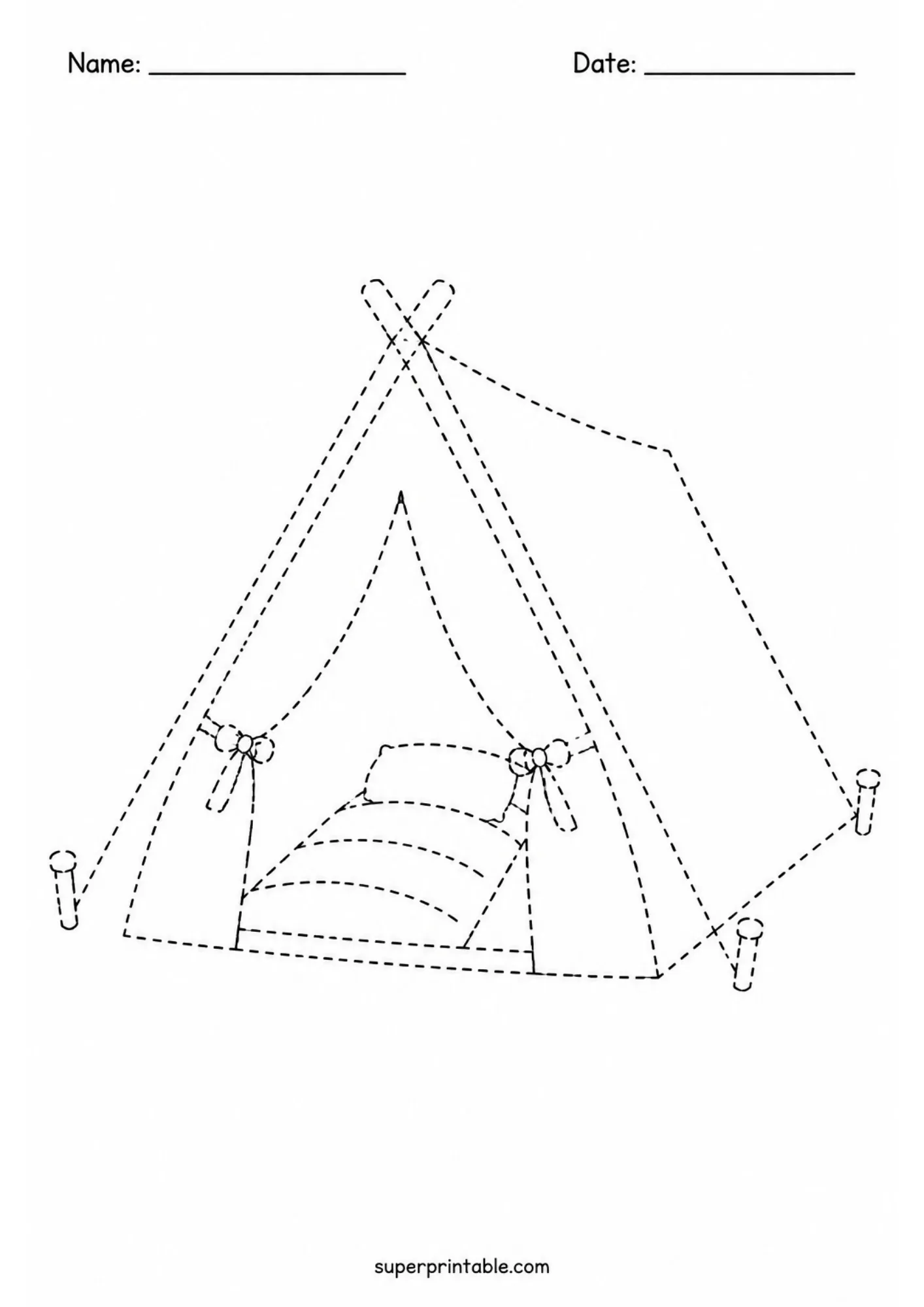 Camping tracing worksheets featuring a tent with poles, ropes, stakes, and sleeping bag